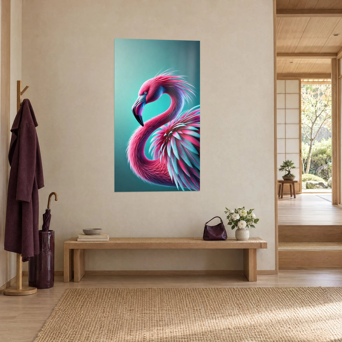 Quadro uccello dal lungo collo a S, becco nero e cresta fucsia su sfondo verde acqua, parete beige, panca in legno, ingresso in stile japandi