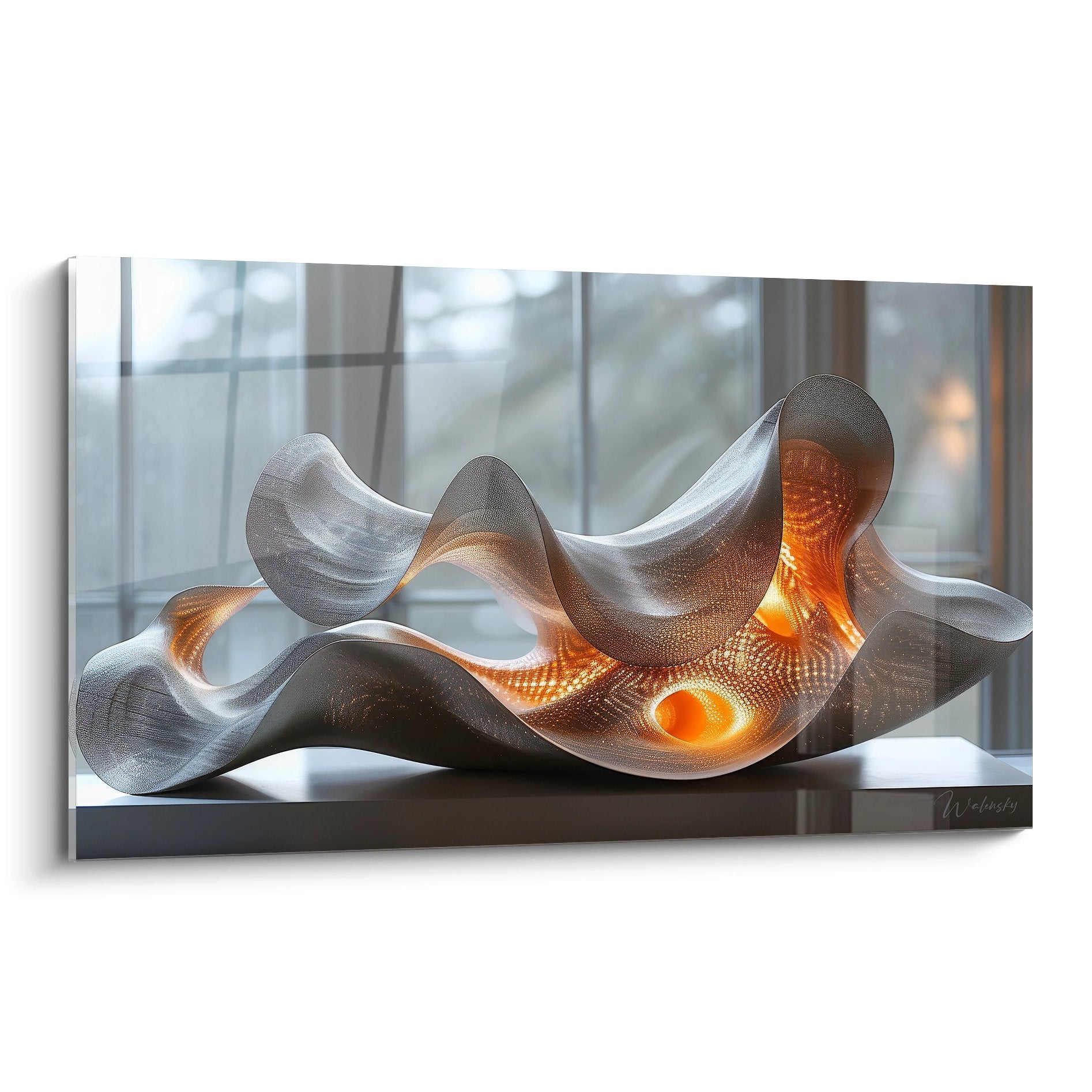 Tableau sculpture moderne ondulante avec éclairage LED doré dans intérieur architectural contemporain