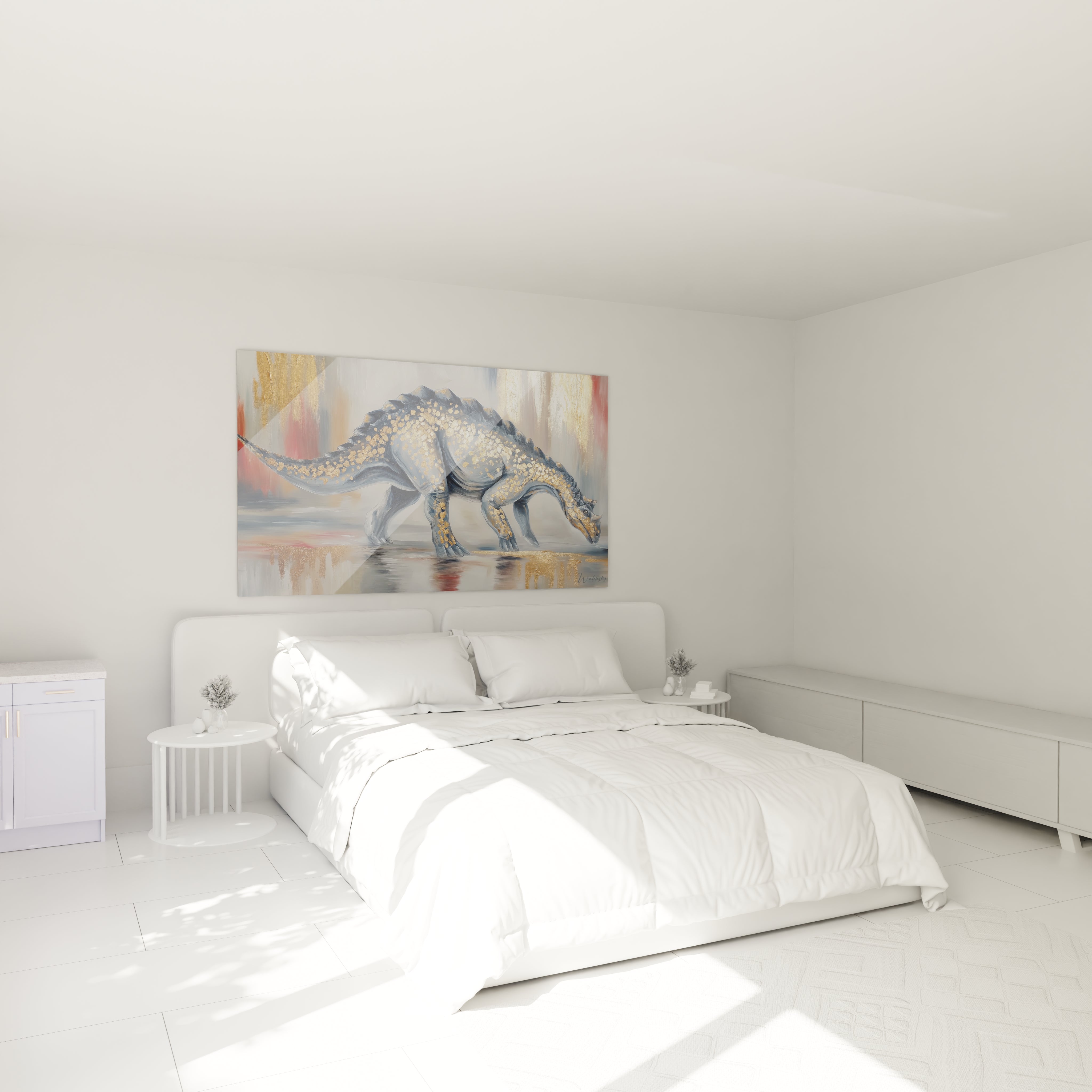 Décoration chambre avec tableau dinosaure Scutosaurus doré dans ambiance moderne