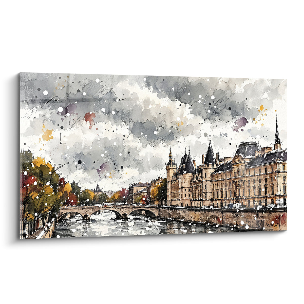 Conciergerie beige et ciel anthracite dominent cette aquarelle de la Seine à Paris