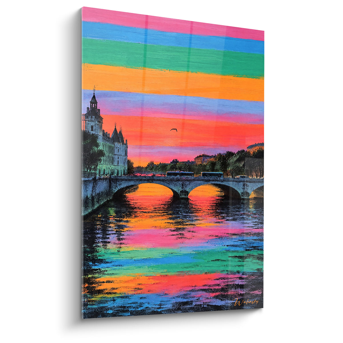 Pont et Conciergerie sous un ciel rose, bleu et orange en bandes vives, reflets dans la Seine