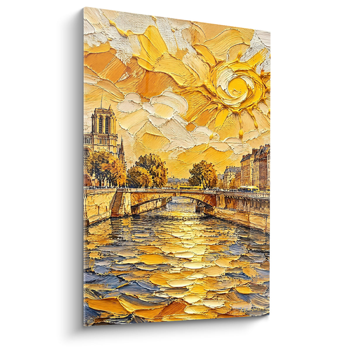 Notre-Dame et pont parisien en touches dorées et bleu ardoise, soleil tourbillonnant au-dessus de la Seine