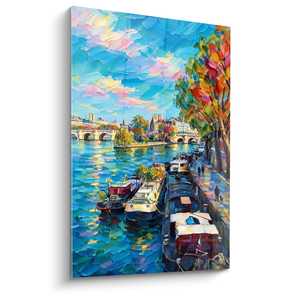 Tableau Péniches amarrées quai turquoise et doré - Flânerie automnale - Edition Seine  Île-de-France  France