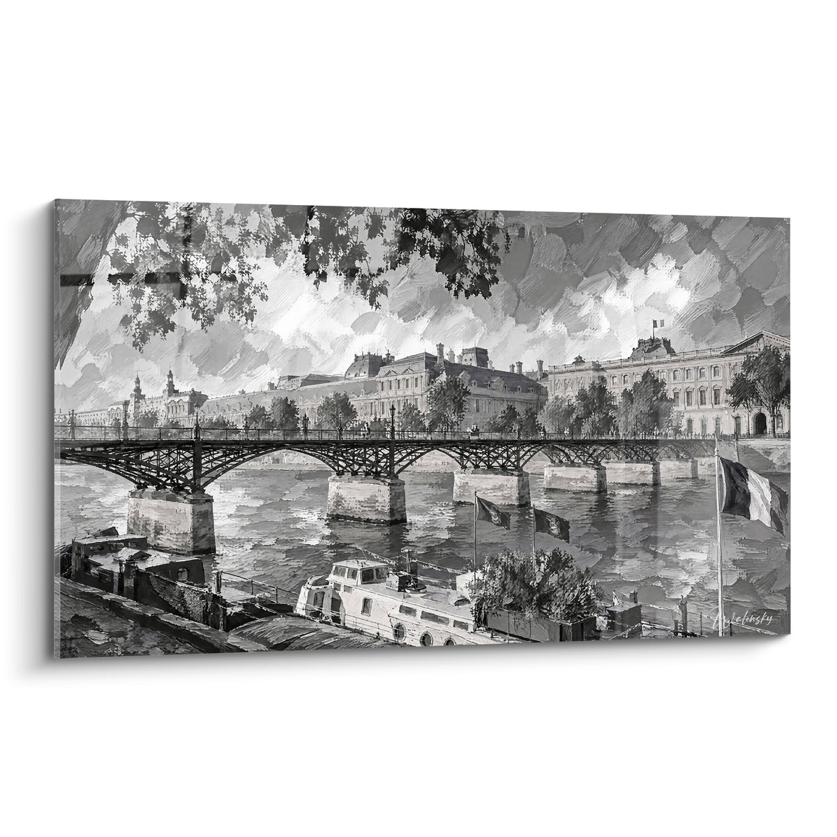 Pont des Arts en noir et blanc, Louvre en arrière-plan, touches grises et blanches esquissées