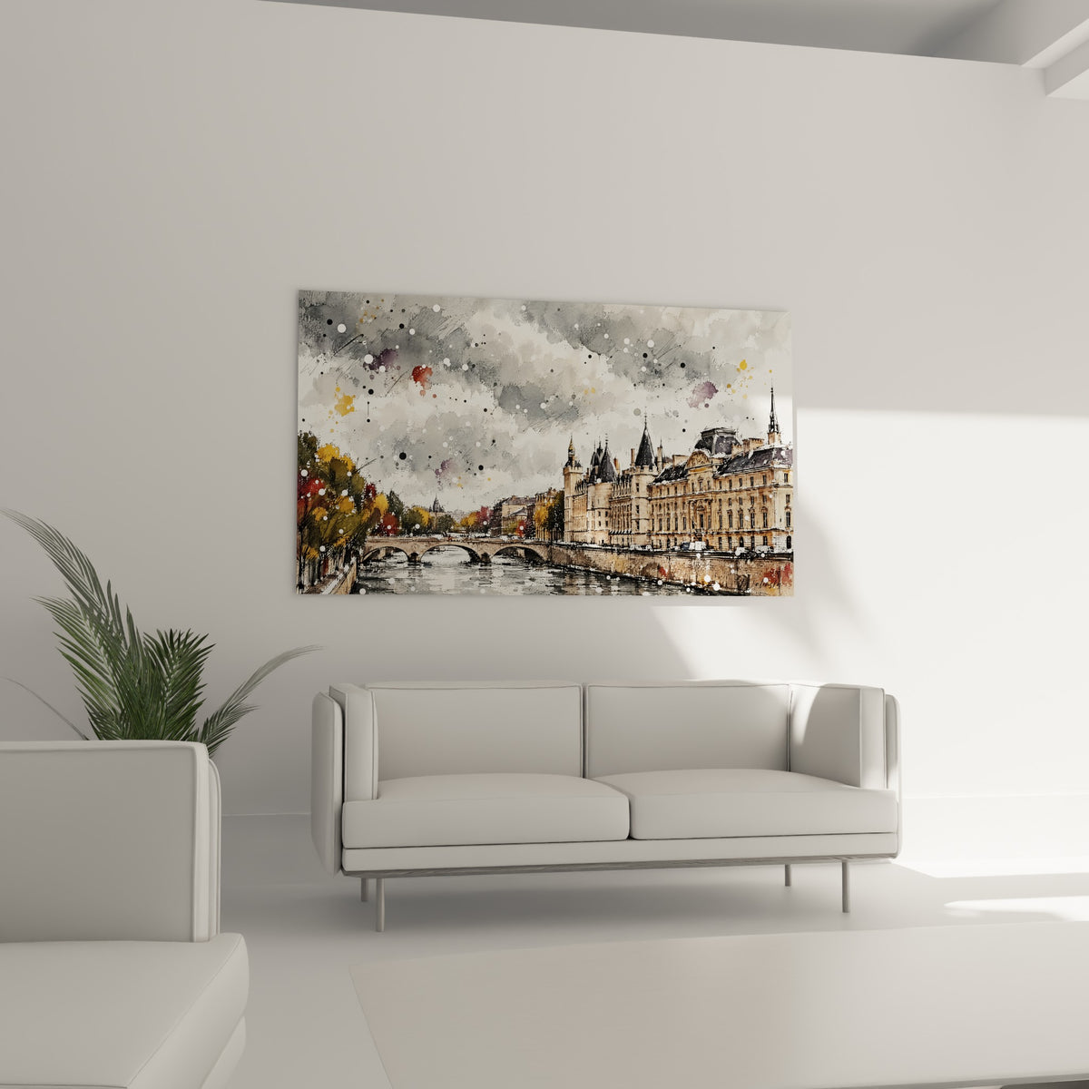 Pont de pierre et tourelles ocre sur fond gris orné au-dessus d'un canapé dans un salon lumineux