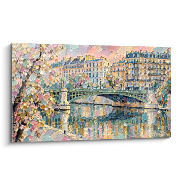 Schilderij Gouden en roze Parijse brug over de Seine - Lente droom - Editie Seine Île-de-France Frankrijk
