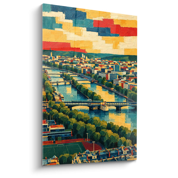 Tableau Vue aérienne de ponts dorés et bleus - Panorama estival - Edition Seine  Île-de-France  France