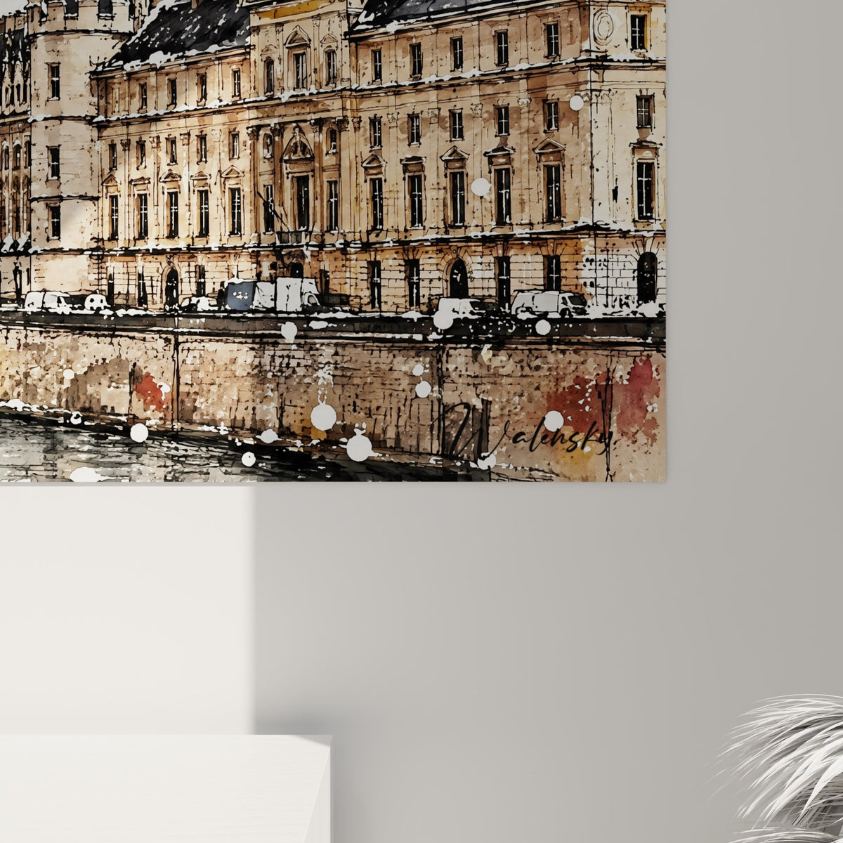 Schilderij Conciergerie in aquarel, rechtsonder hoek in baksteenrood en oker, glanzend glas links, mat Dibond-aluminium rechts