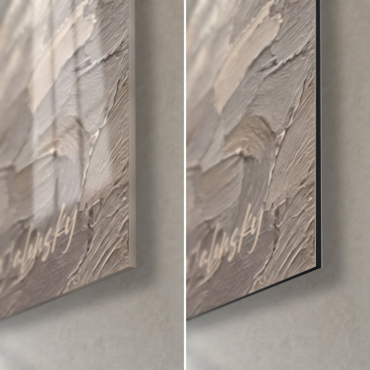 Gemälde Seine mit dem Spachtel in Perlgrau und Creme gemalt, untere rechte Ecke: glänzendes Glas links, matt gebürstetes Dibond rechts