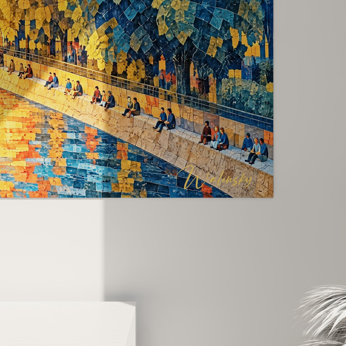 Matière mosaïquée du ciel orange et bleu marine, empâtements visibles sur le tableau de la Seine accroché