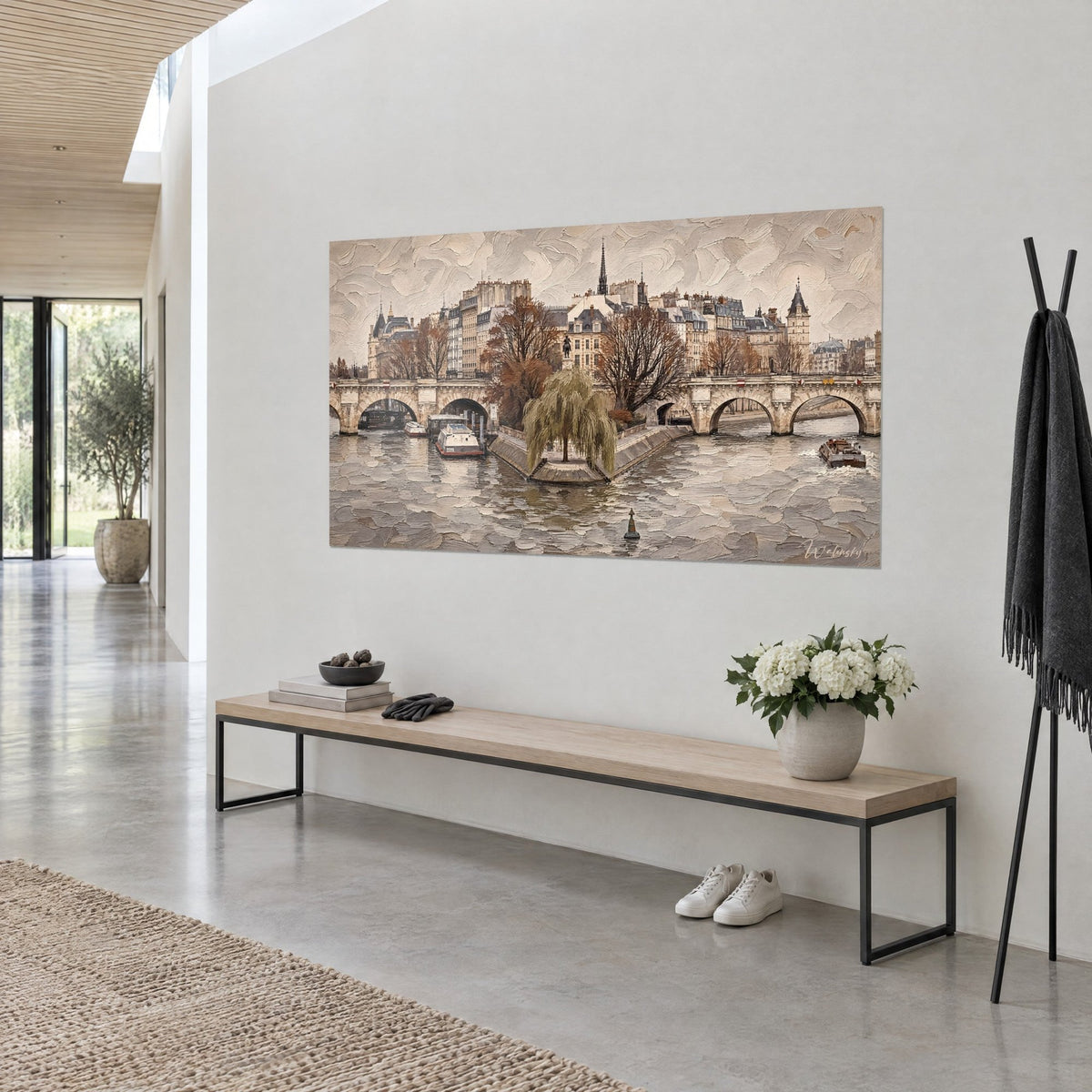 Gemälde Île de la Cité unter einem beigen, pastos aufgetragenen Himmel, grünspanfarbene Weide und Steinbögen, dreiviertel Ansicht in einem Flur