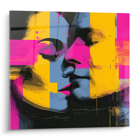 Tableau Baiser rose et jaune façon pop art - Souffle avant le baiser - Edition Sensuel abstrait