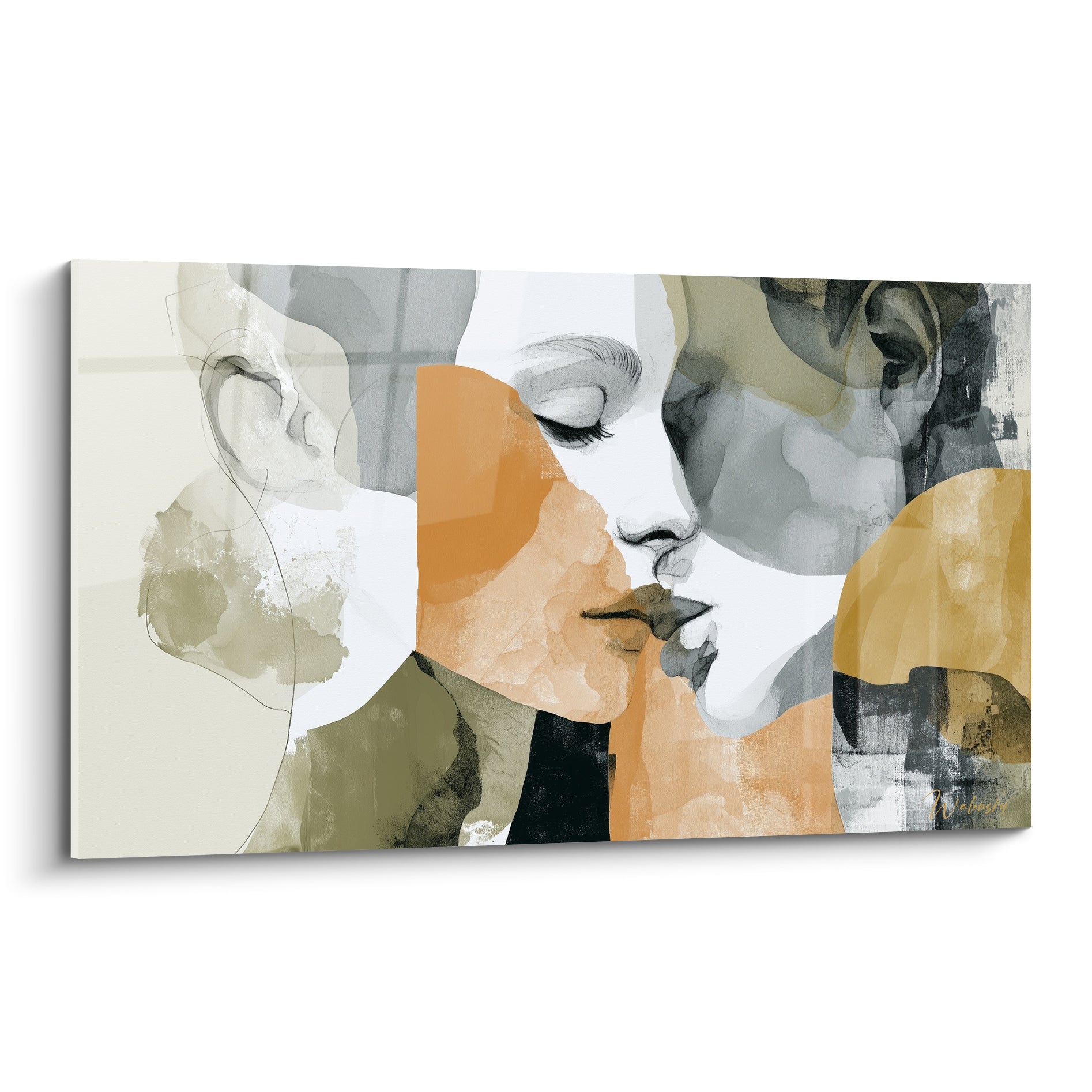 Baiser fragmenté entre deux visages en ocre, anthracite et doré sur toile abstraite
