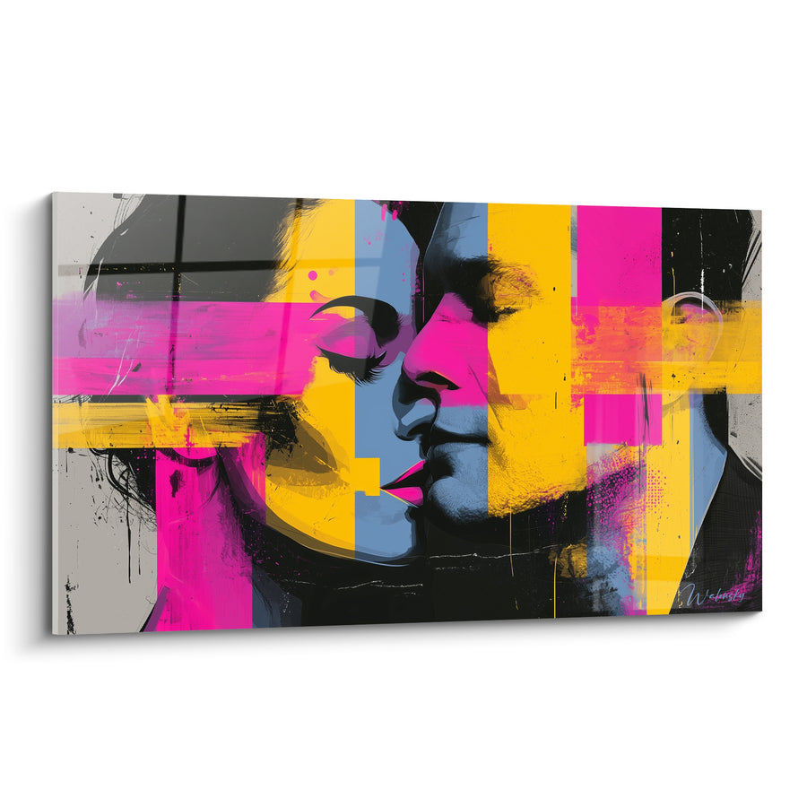 Tableau Baiser rose et jaune style pop - Instant suspendu - Edition Sensuel abstrait