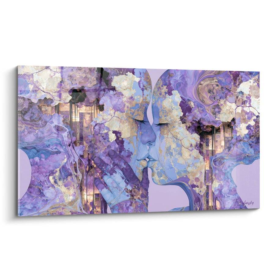 Tableau Baiser violet aux éclats dorés - Étreinte fusionnelle - Edition Sensuel abstrait
