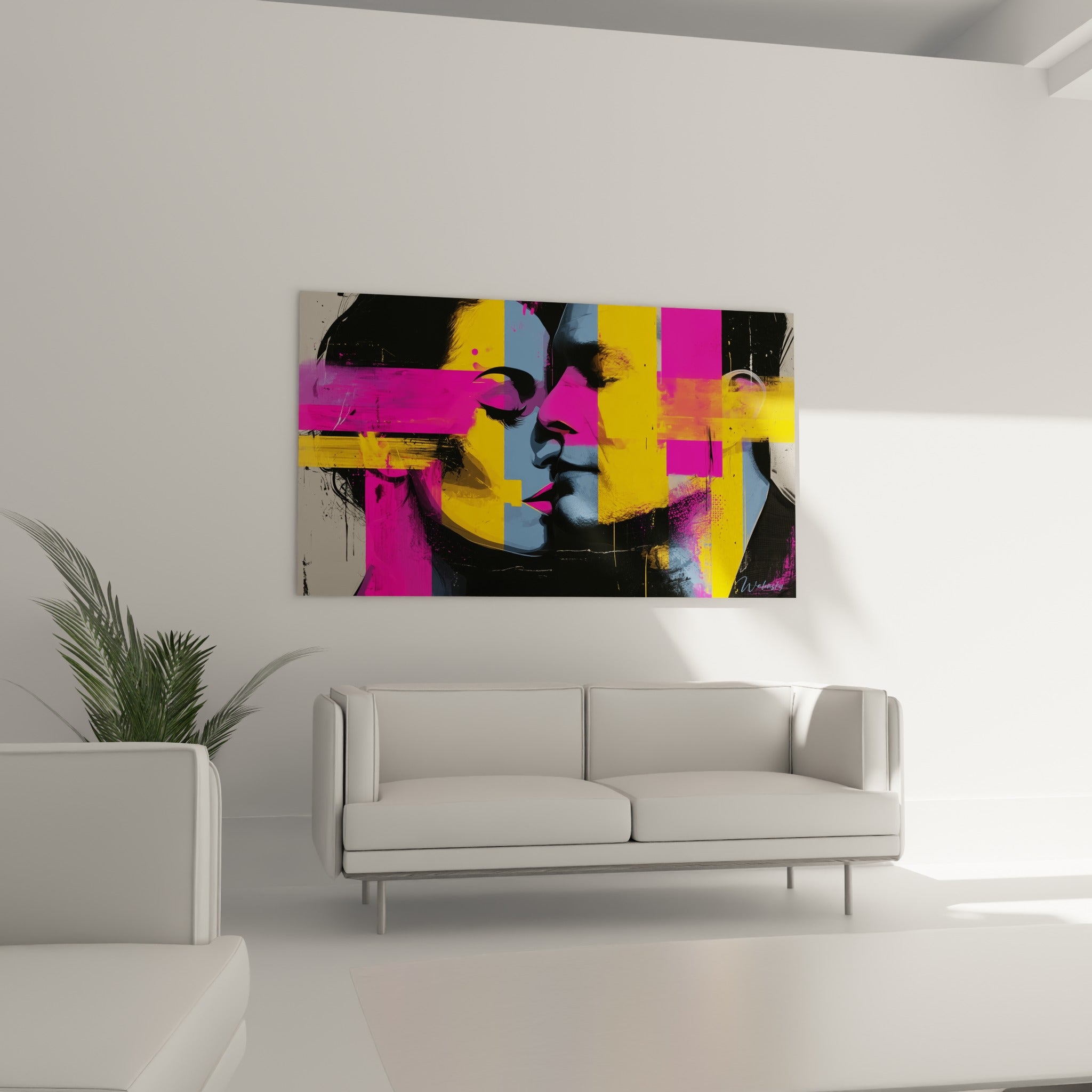 Couple stylisé aux teintes rose vif et jaune moutarde, tableau sensuel abstrait au-dessus d'un canapé dans un salon lumineux