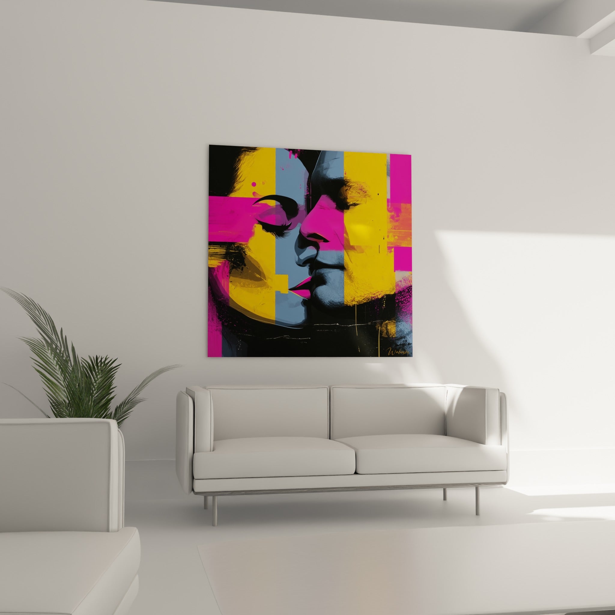 Baiser stylisé en bleu ardoise et fuchsia intense, disposé au-dessus d'un canapé dans un salon lumineux