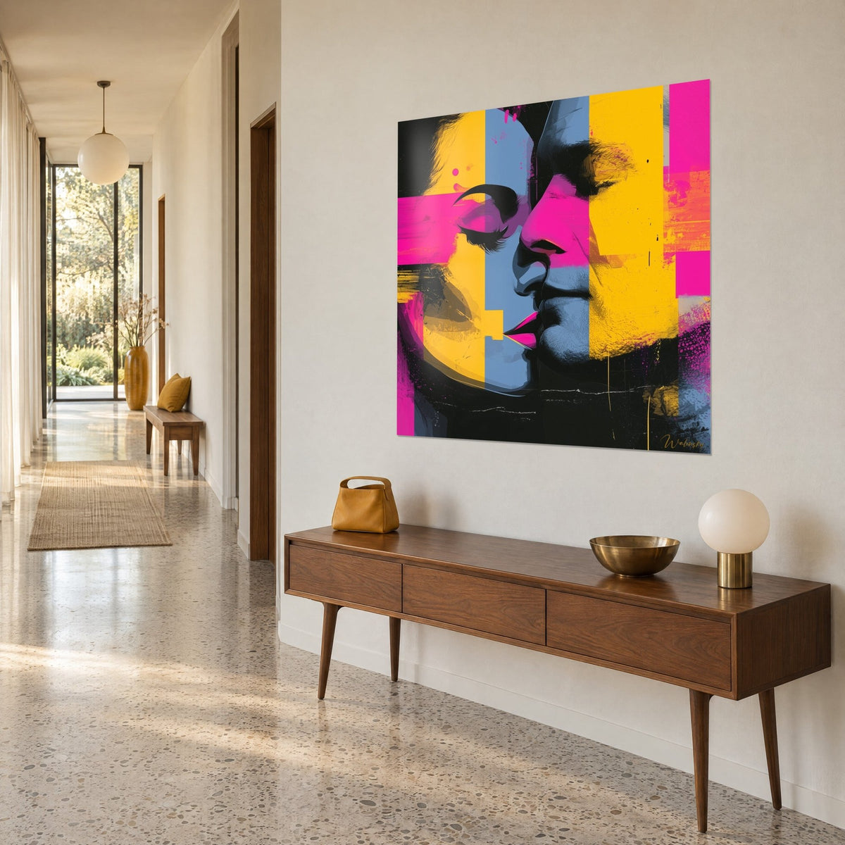 Πίνακας αγκαλιασμένα πρόσωπα σε στιλ pop art, ρίγες μπλε σχιστόλιθου και κίτρινο μουστάρδας, τρία τέταρτα θέα σε διάδρομο με την ξύλινη κονσόλα του