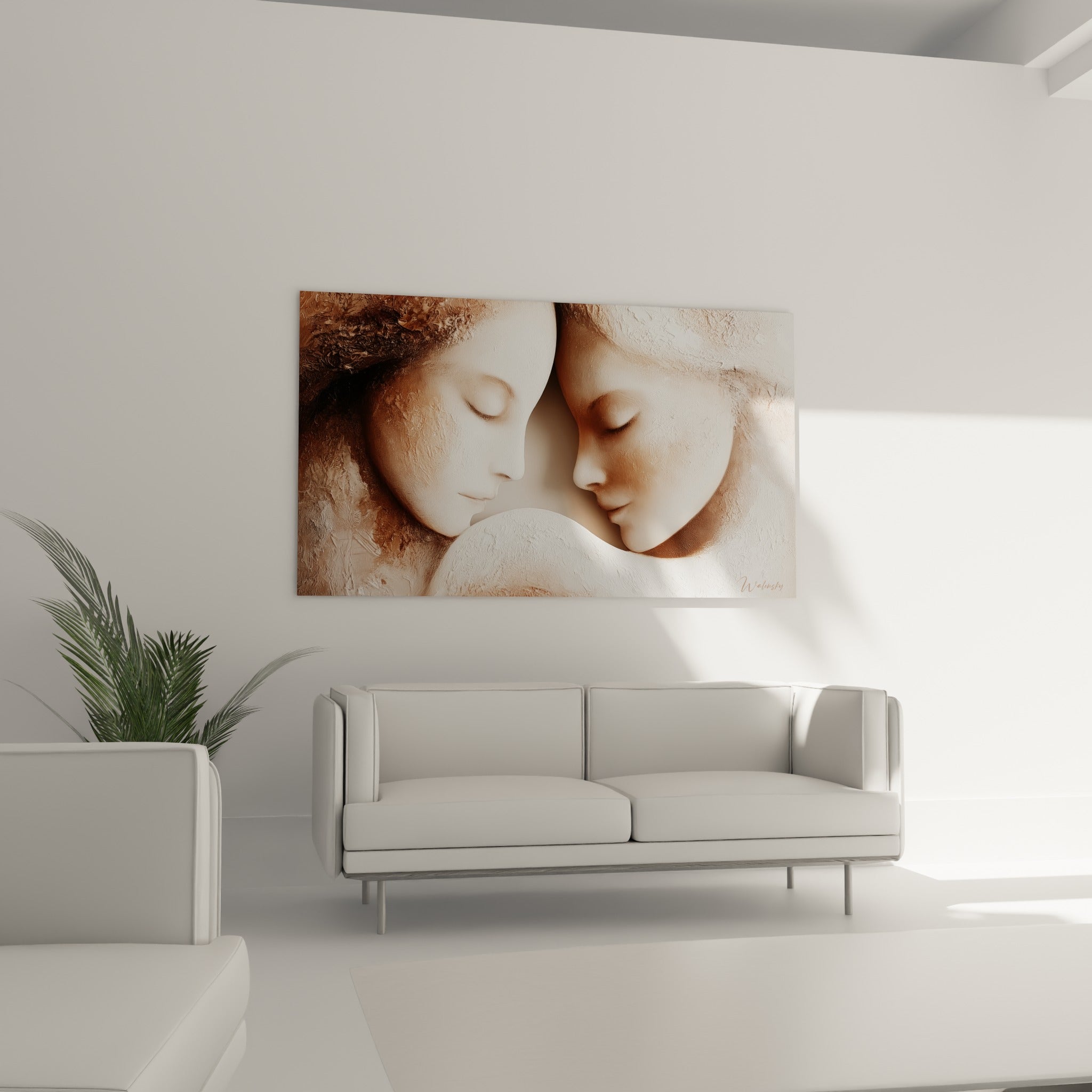 Deux profils tendres en beige et brun du Sensuel abstrait, au-dessus d'un canapé dans un salon lumineux