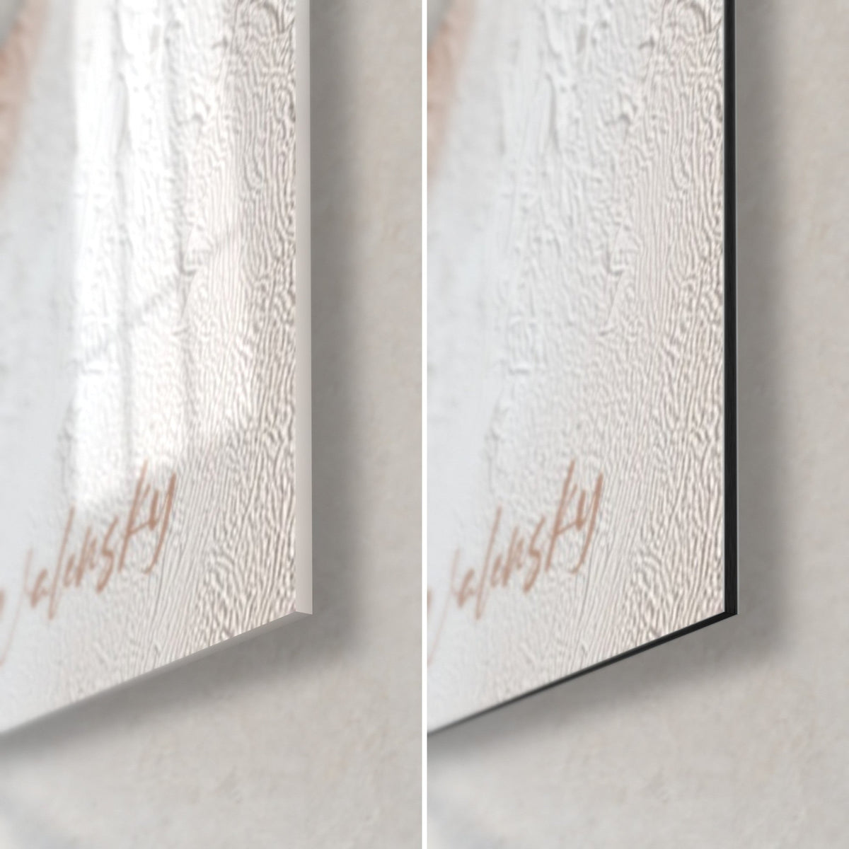 Gemälde plastisch reliefierte Gesichter, cremeweiß und rotbraun, unten rechts: glänzendes Acrylglas und mattschwarzes Dibond-Aluminium