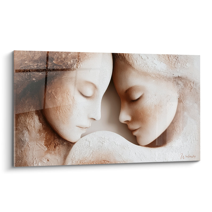 Tableau Deux visages beige et blanc enlacés - Étreinte silencieuse - Edition Sensuel abstrait