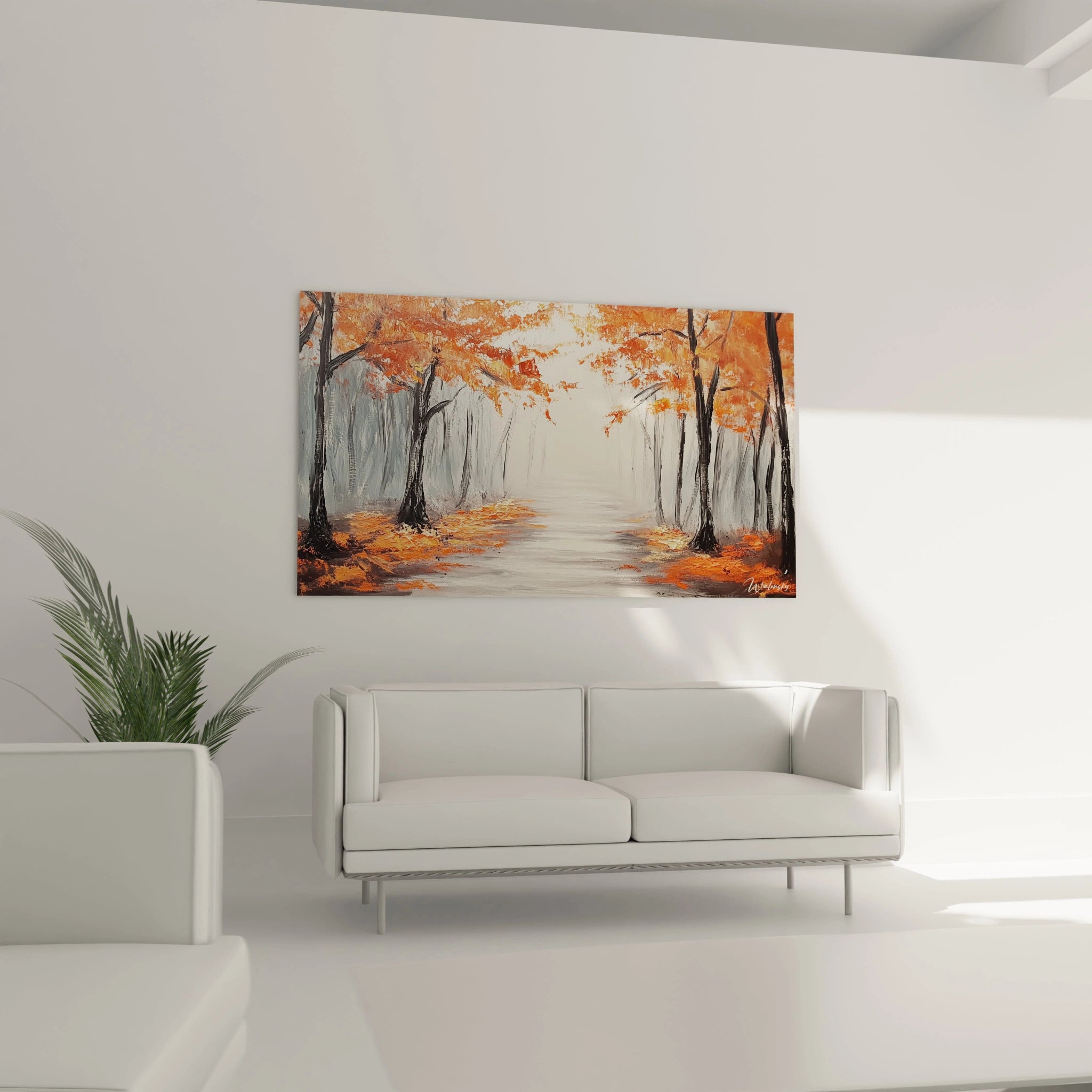 Un tableau forêt en automne illustrant une allée brumeuse avec une perspective centrale, dominé par des couleurs contrastées d'orange vif et de gris bleuté, créant une ambiance mystérieuse renforcée par des coups de pinceau expressifs.
