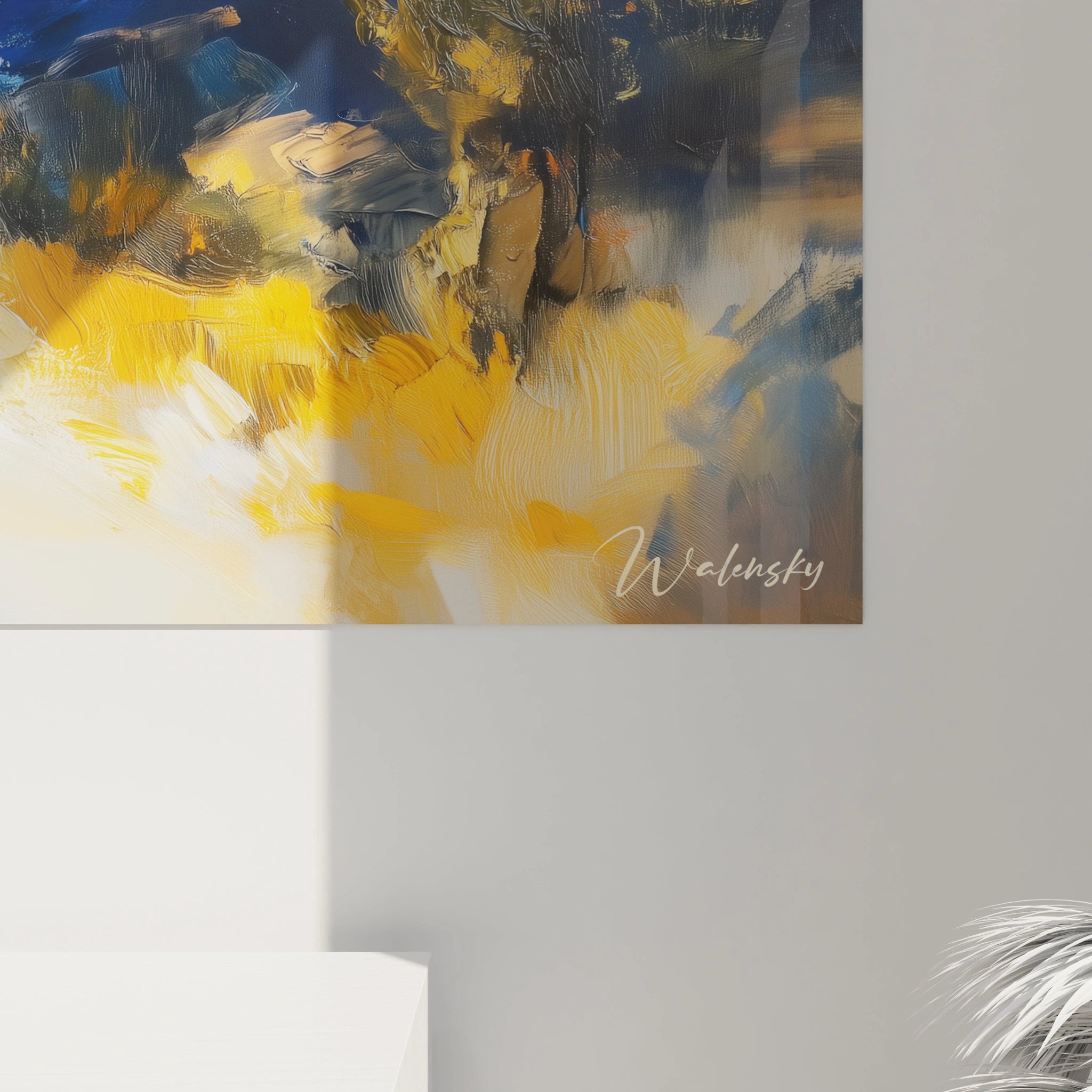 Tableau montagne impressionniste présentant un sentier lumineux serpentant à travers un paysage automnal doré, menant vers un horizon de sommets bleus baignés dans une lumière matinale, avec des textures vibrantes créées par des coups de pinceau visibles.
