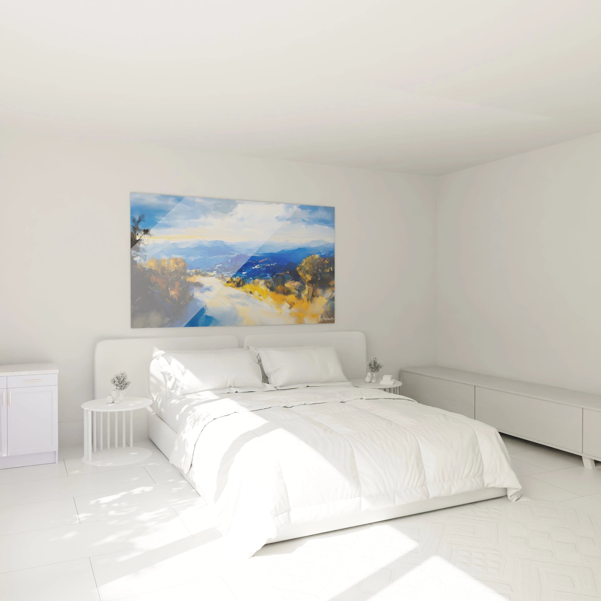 Tableau montagne automnal capturant une vue panoramique avec des montagnes bleues à l'arrière-plan contrastant avec une végétation dorée au premier plan, où les textures épaisses et les transitions lumineuses évoquent l'atmosphère d'un lever de soleil.
