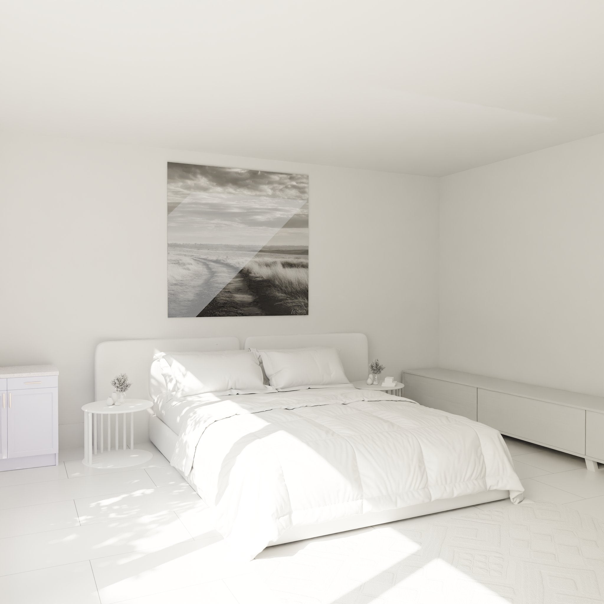 Tableau chemin campagne noir et blanc décorant une chambre ambiance naturelle et apaisante