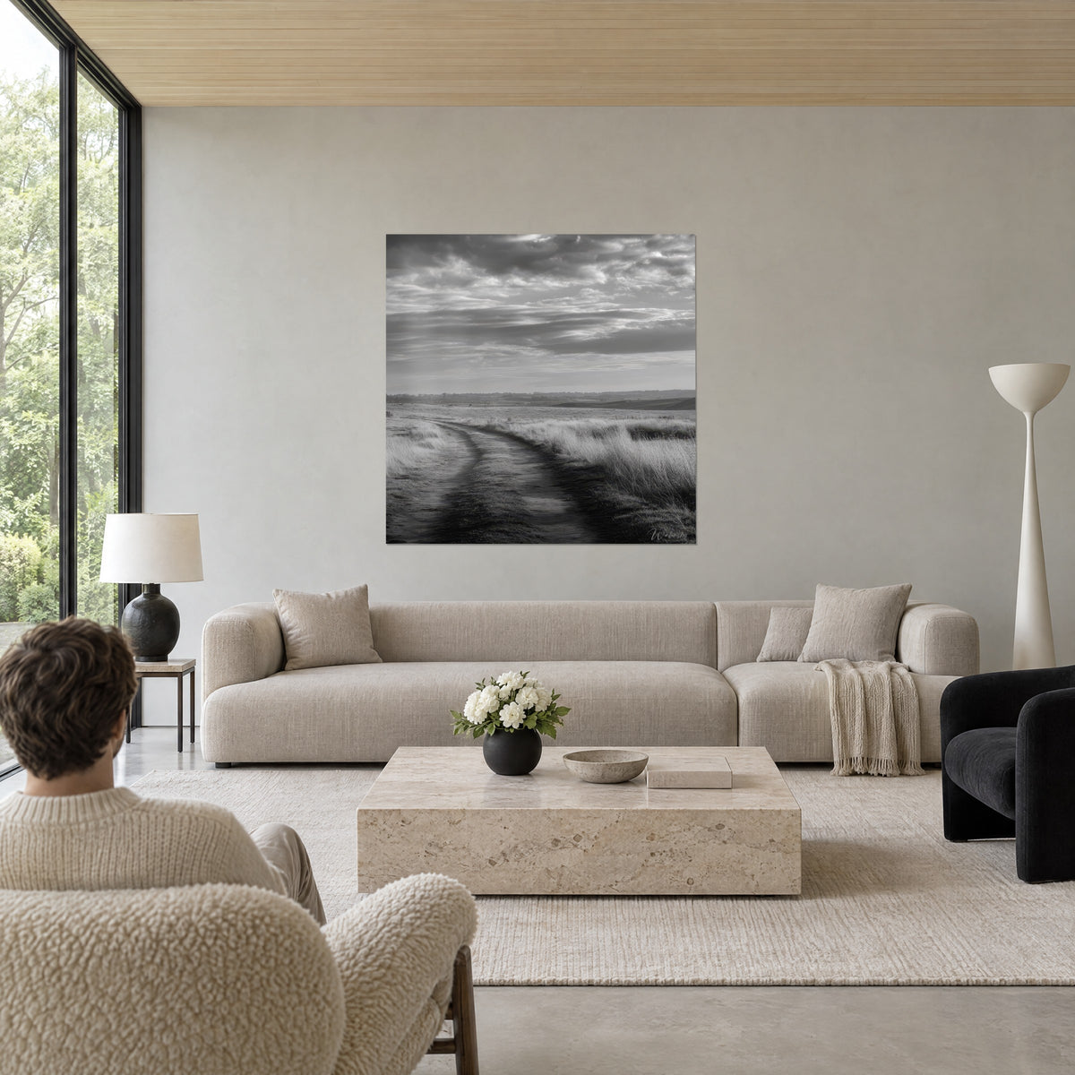 Wall art Winding dirt path between frosted grasses, grey and white sky streaked with clouds, above a sofa in a bright living room