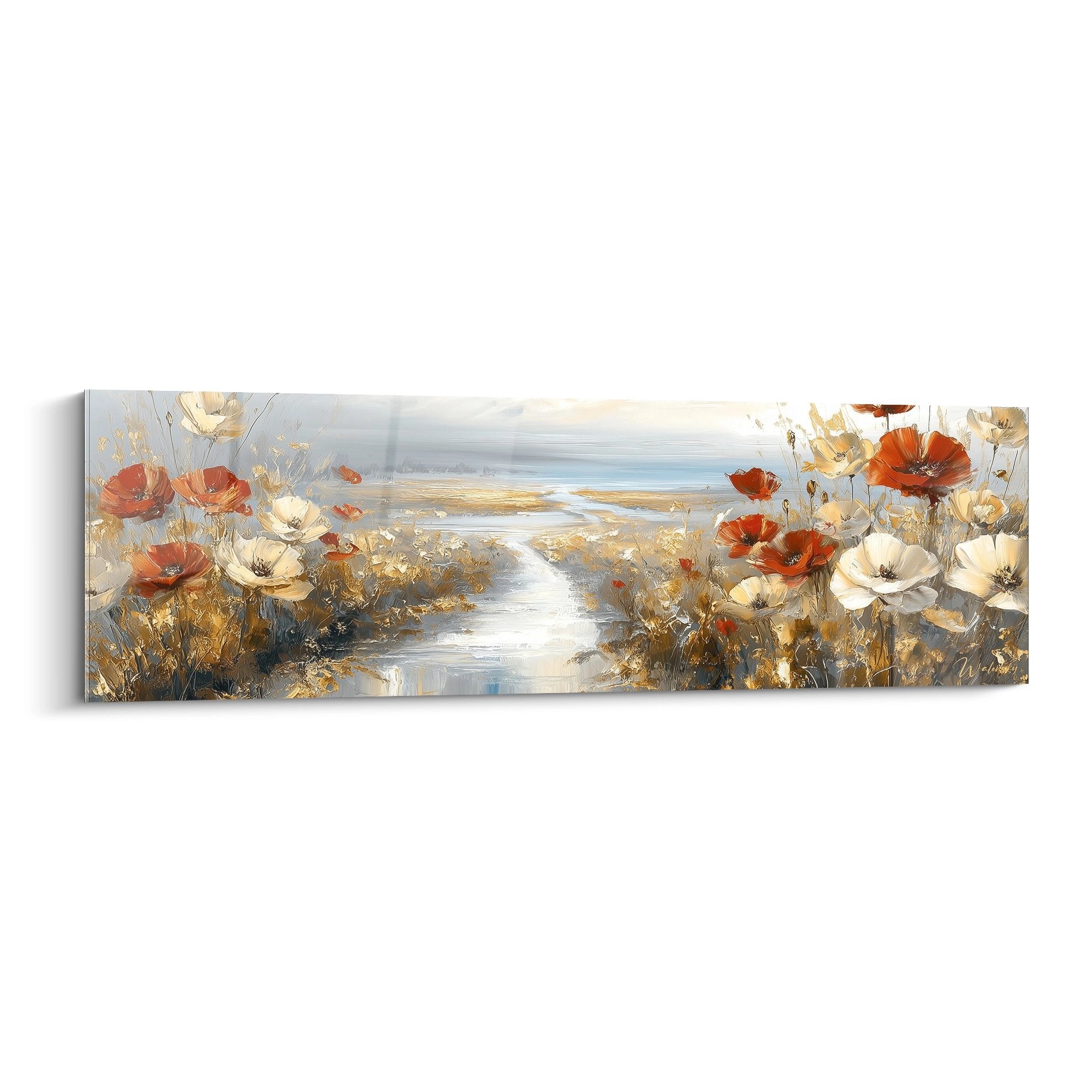 Tableau panoramique représentant un sentier fleuri avec coquelicots orangés et crème menant vers horizon bleu-gris