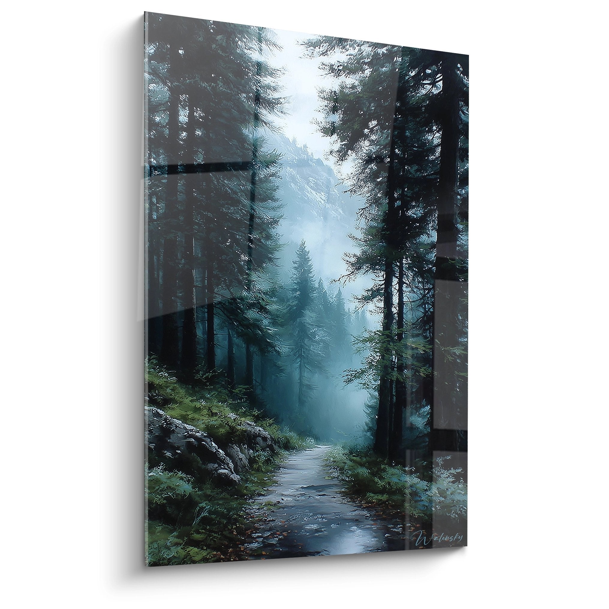 Tableau mural sentier forestier dans la brume avec chemin pavé et conifères majestueux, décoration nature