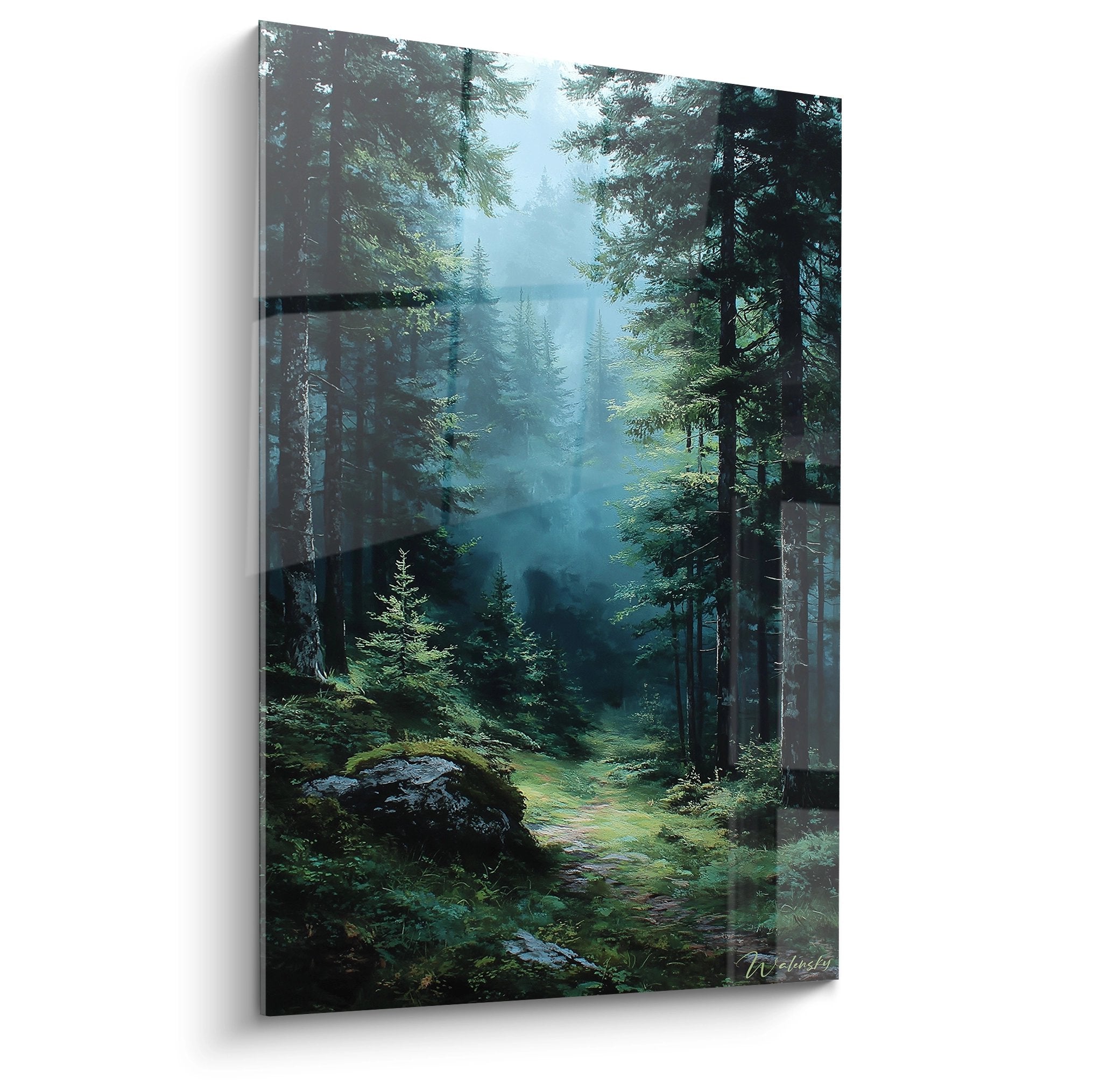 Tableau sentier forestier dans la brume avec conifères et lumière mystérieuse - décoration murale nature
