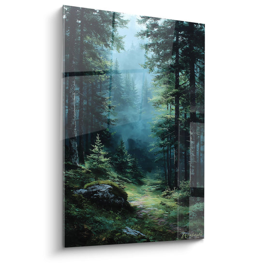 Quadro sentiero forestale nella nebbia con conifere e luce mistica - decorazione murale natura