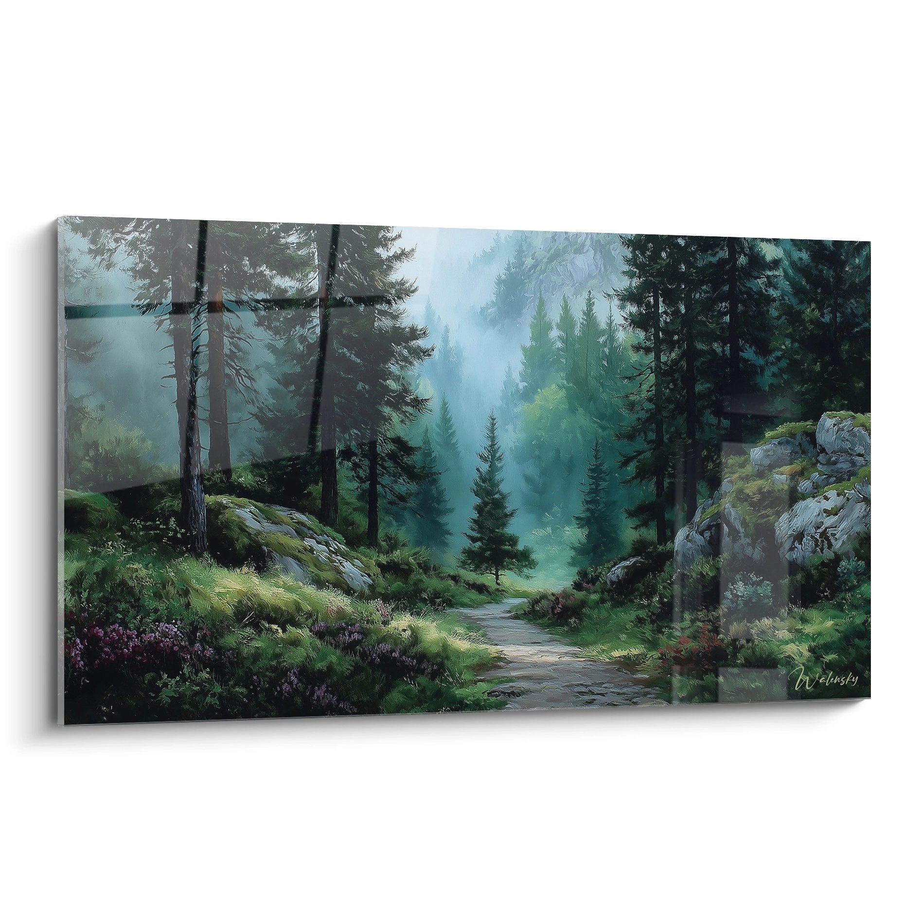 Tableau mural représentant un sentier forestier brumeux avec conifères et végétation luxuriante