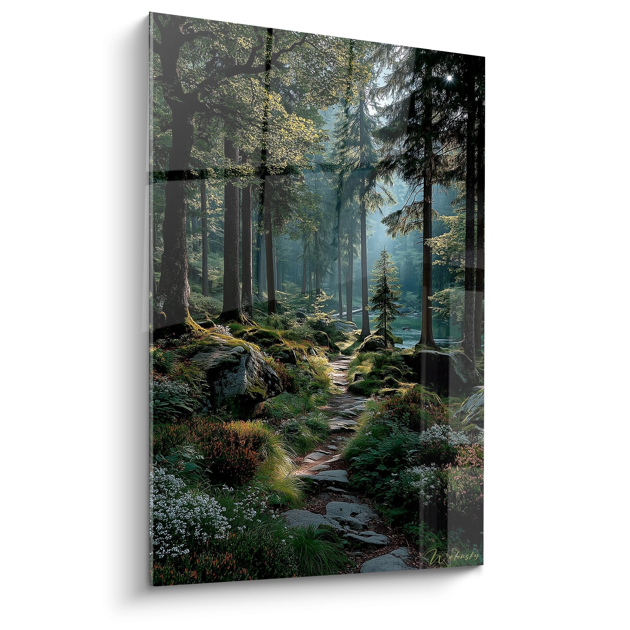 Tableau mural sentier forestier avec lumière dorée filtrant entre les conifères et chemin mystique