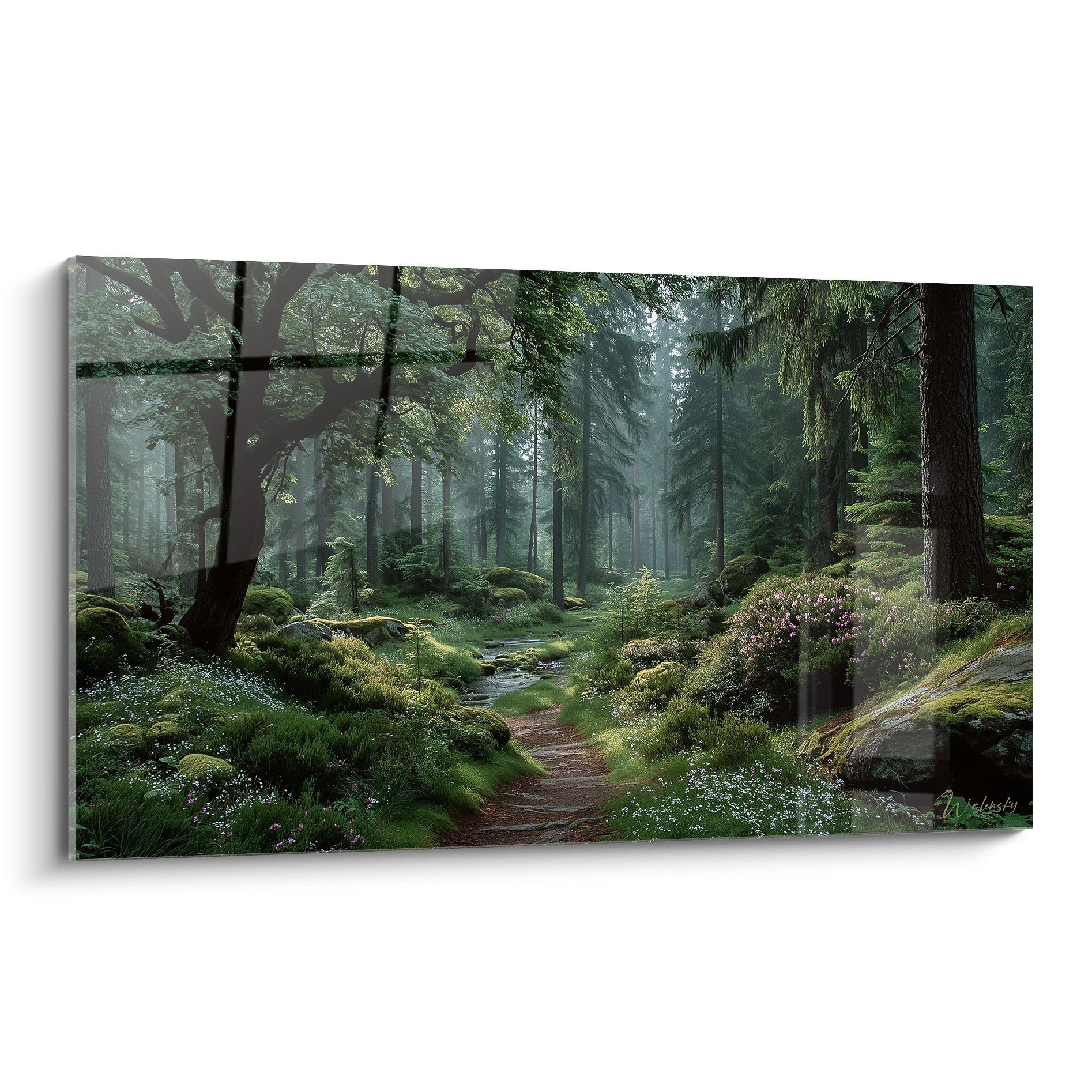 Tableau mural sentier forestier mystique avec brume et végétation luxuriante pour décoration nature