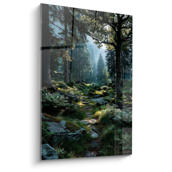 Quadro murale sentiero forestale mistico con percorso in foresta incantata con luci dorate