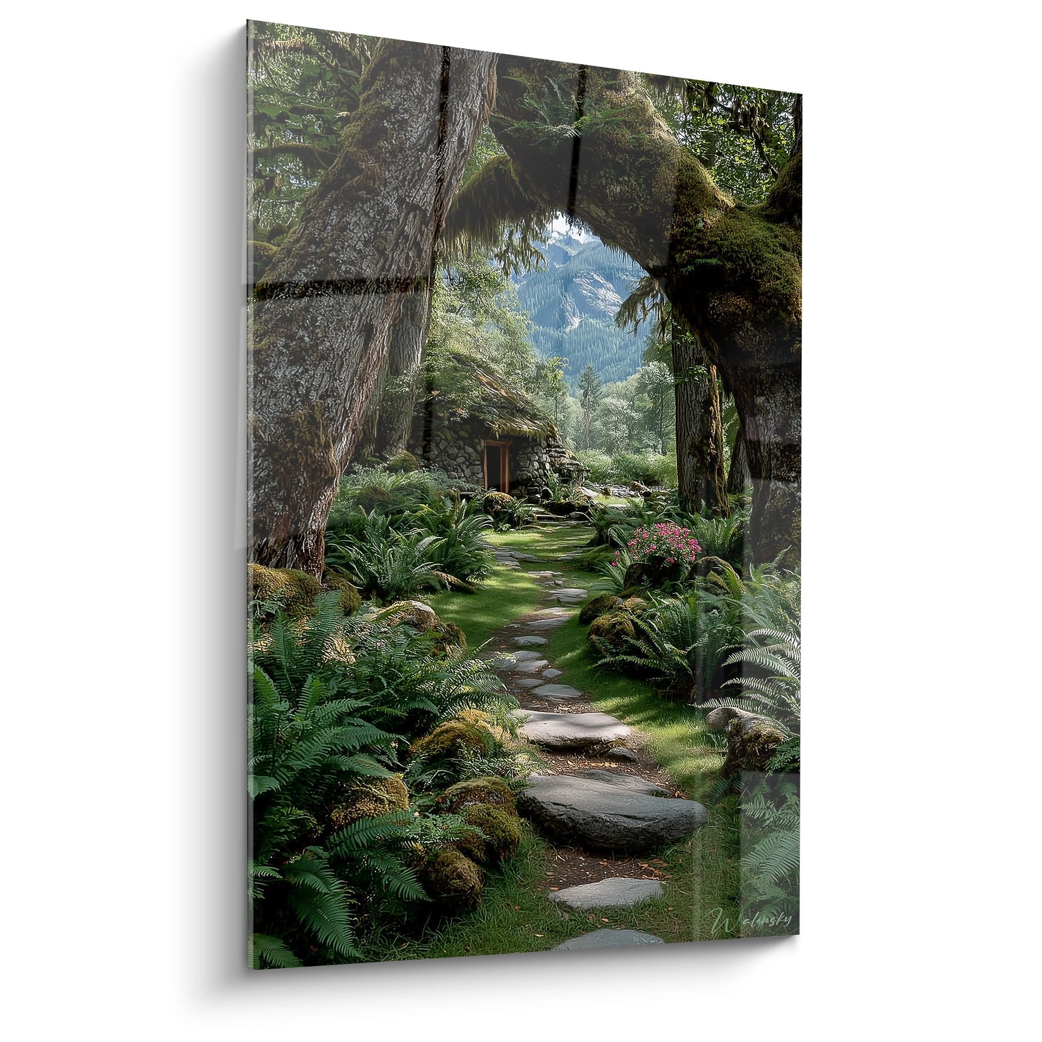 Tableau mural sentier forestier mystique avec fougères et arbres moussus, passage naturel vers montagnes