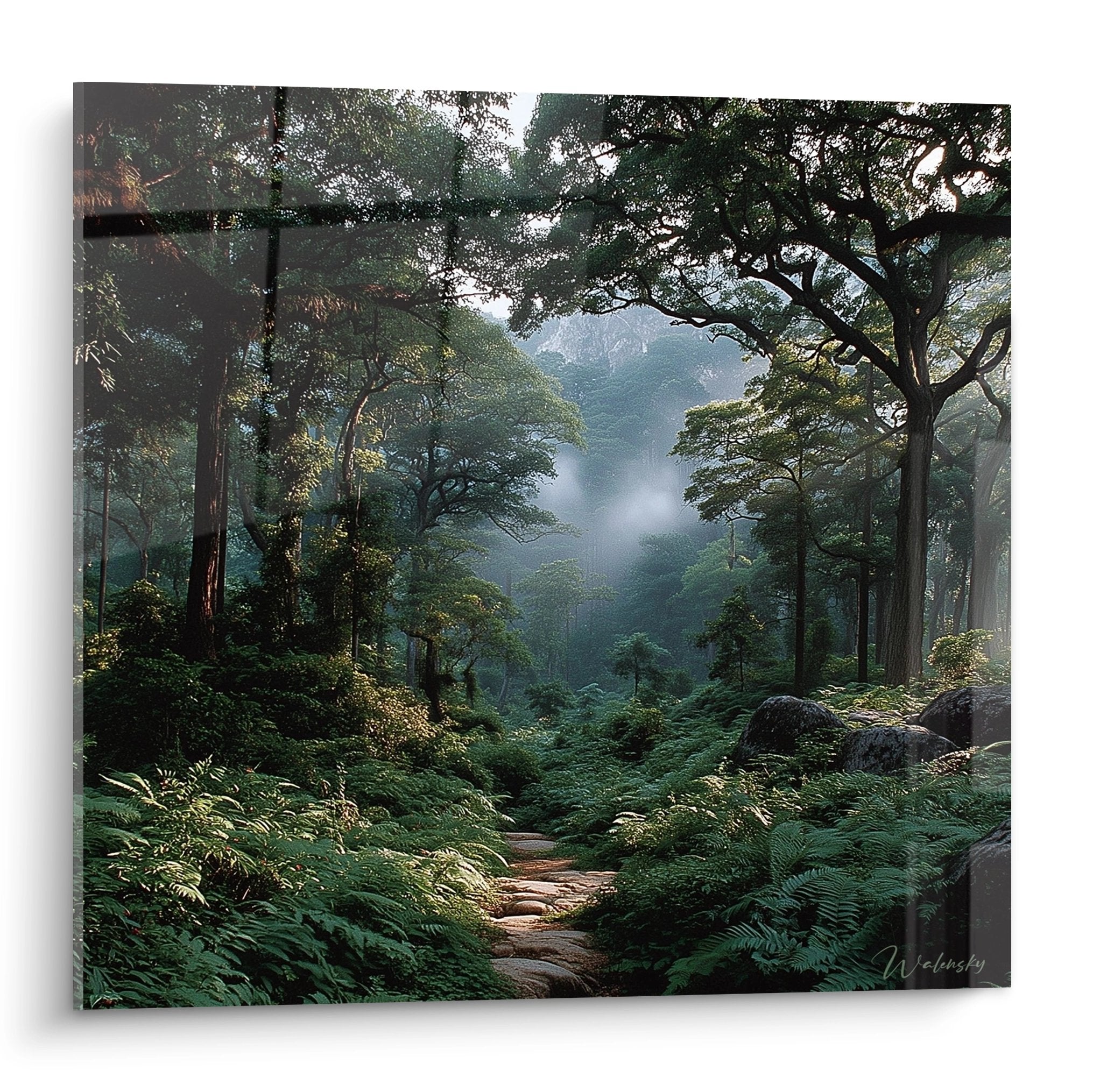 Tableau mural représentant un sentier mystique dans une forêt de fougères avec des arbres centenaires