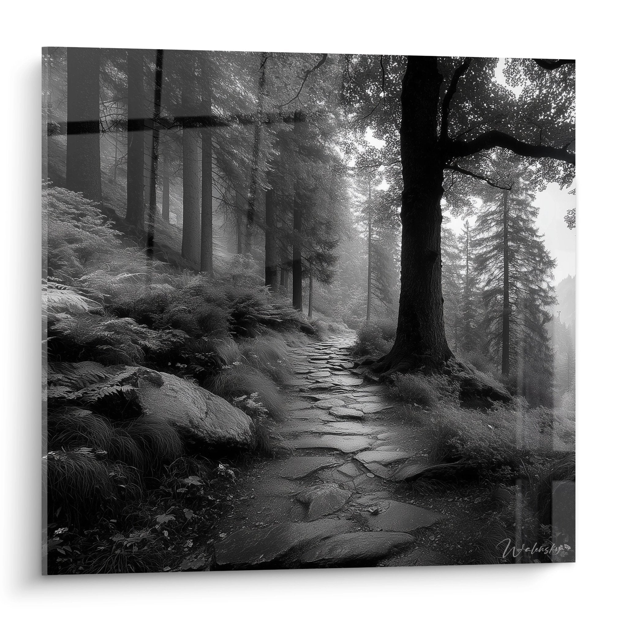 Tableau mural sentier de pierre mystérieux traversant une forêt brumeuse en noir et blanc