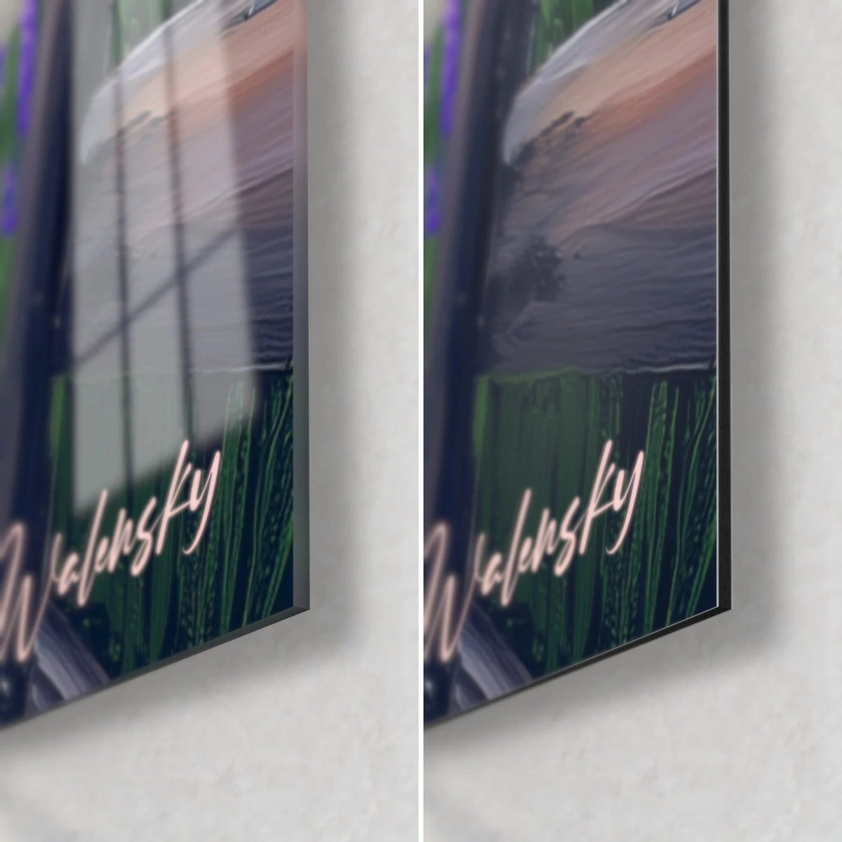 Schilderij paarse lavendel, rechtsonder hoek: glanzend acrylglas links, mat Dibond aluminium rechts, 3 mm rand, roze signatuur
