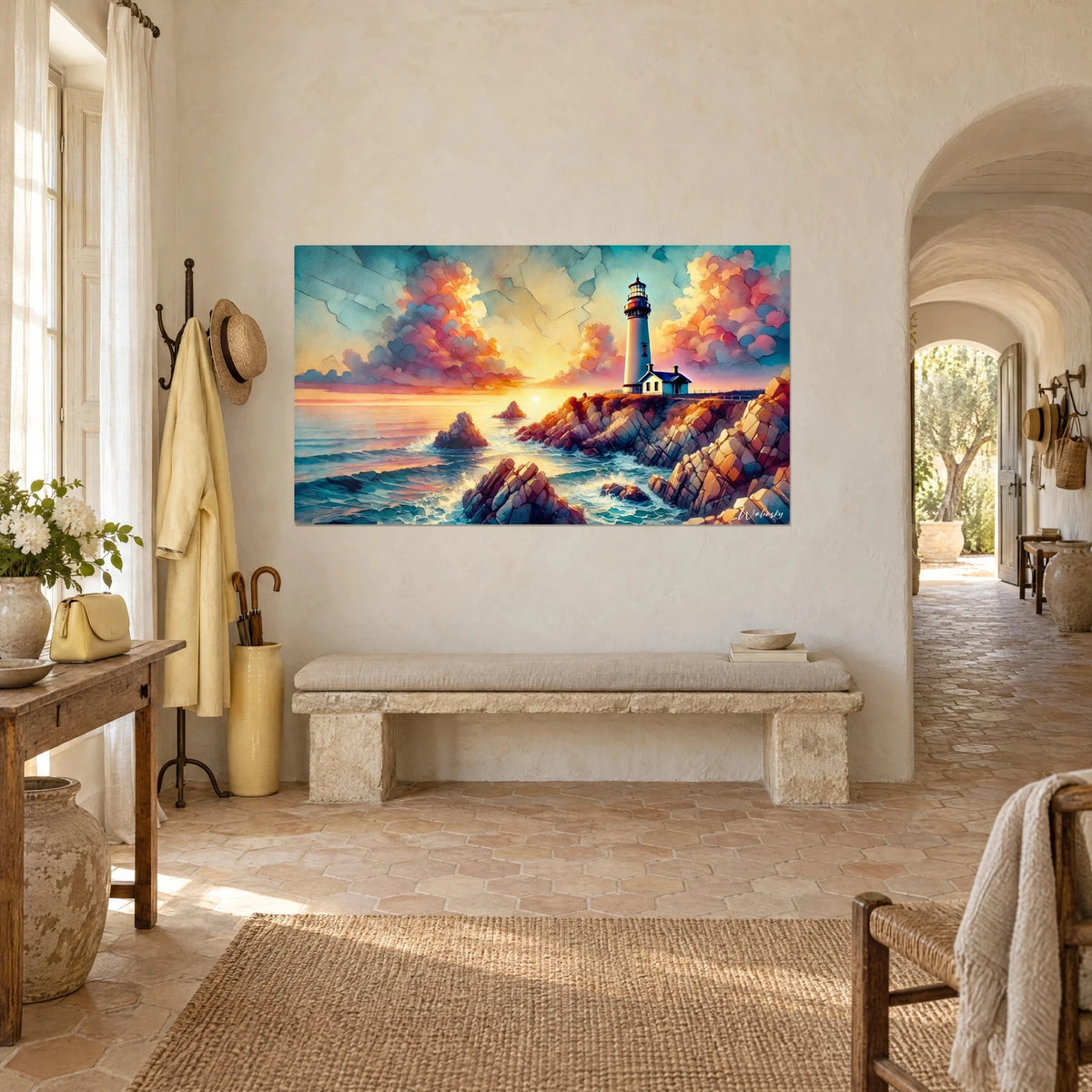 Quadro torre bianca e piccola casa, sentinella dei mari, su rocce arrugginite, nuvole corallo e gialle, vista di tre quarti