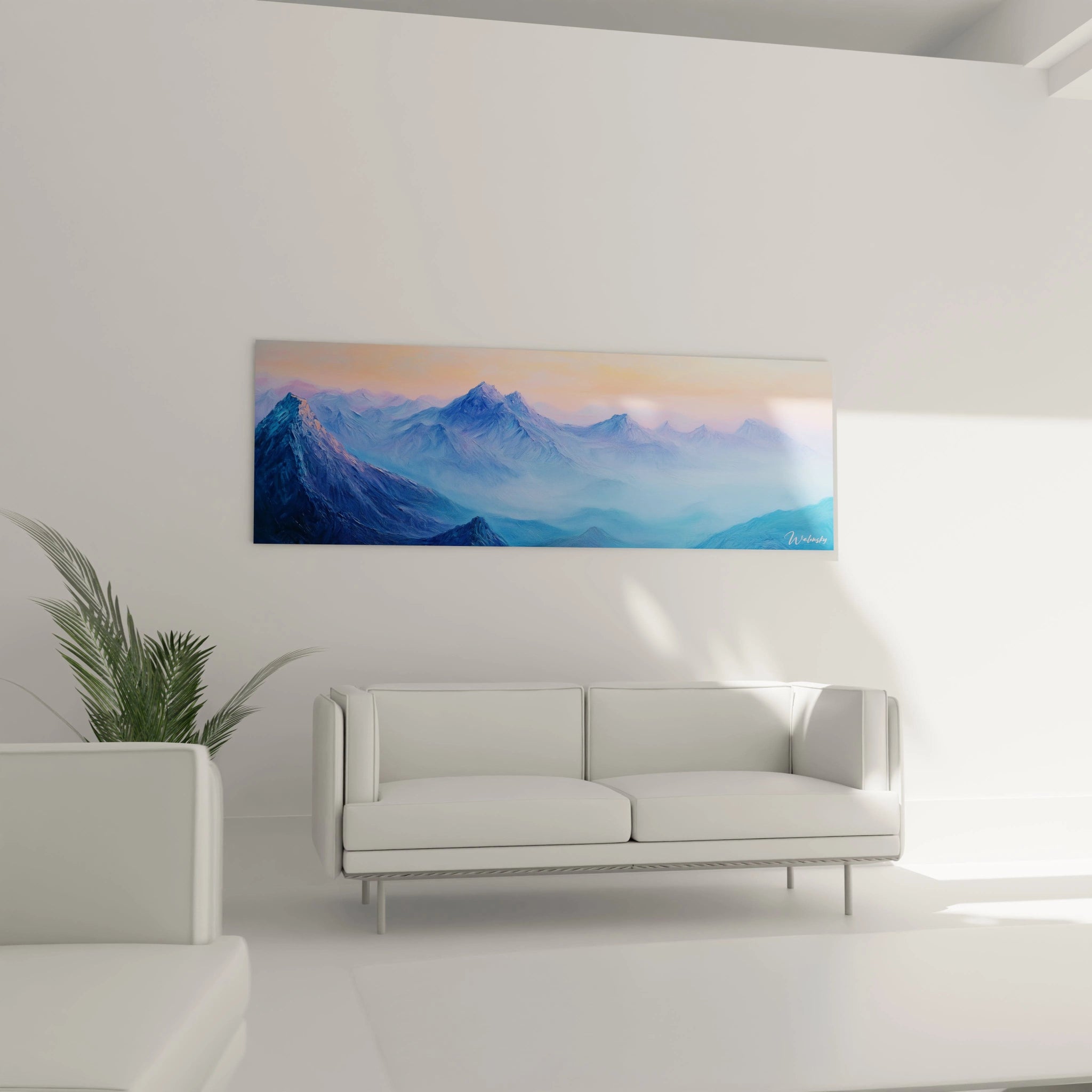 Tableau montagne aux textures travaillées montrant des sommets majestueux baignés dans une lumière crépusculaire. Les dégradés de bleus et violets dominent l'œuvre, avec des touches roses sur l'horizon créant un contraste délicat.
