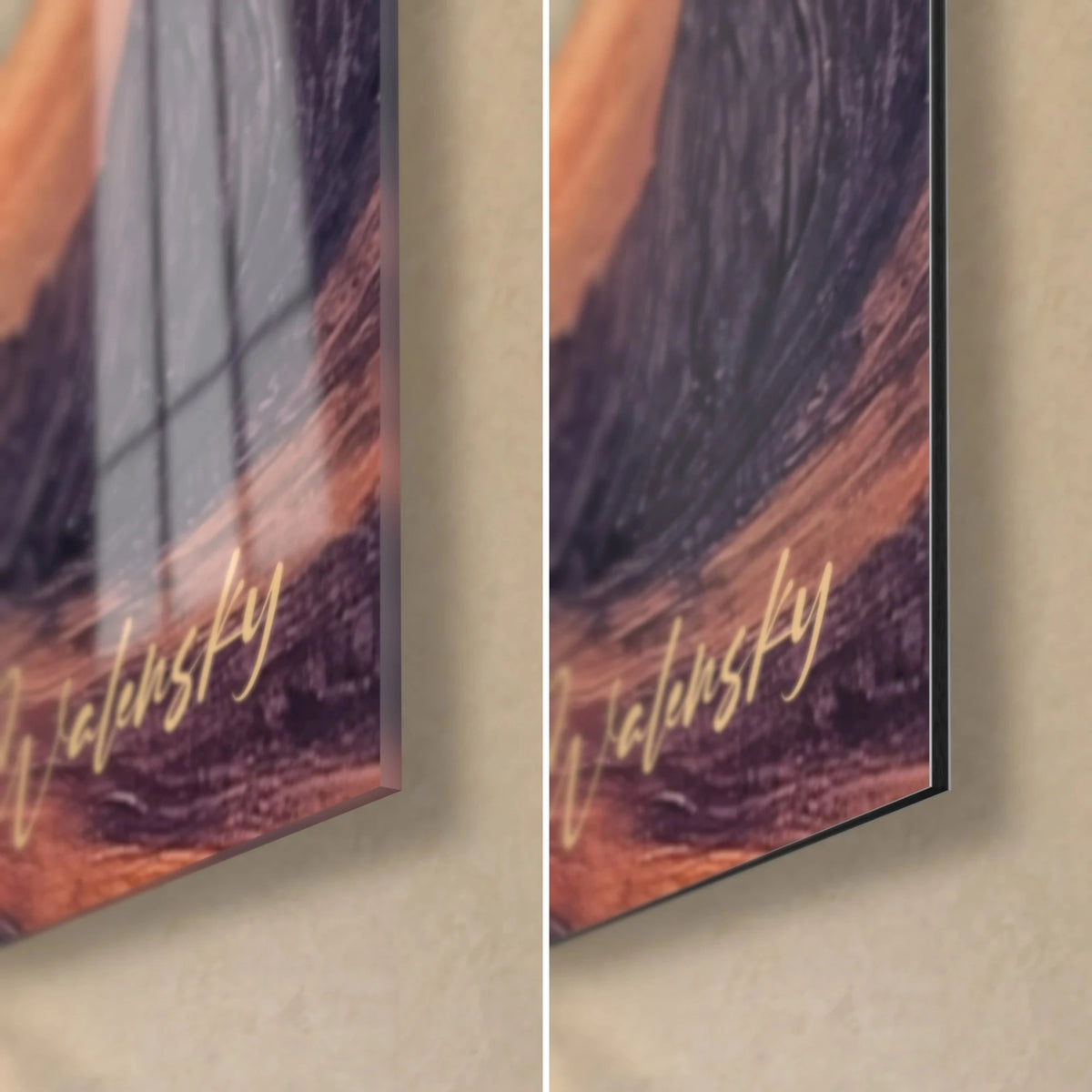 Wall art of rock peaks with violet and golden ochre reflections, signed Walensky in the lower right corner, glossy acrylic glass and matte Dibond, 3 mm thick