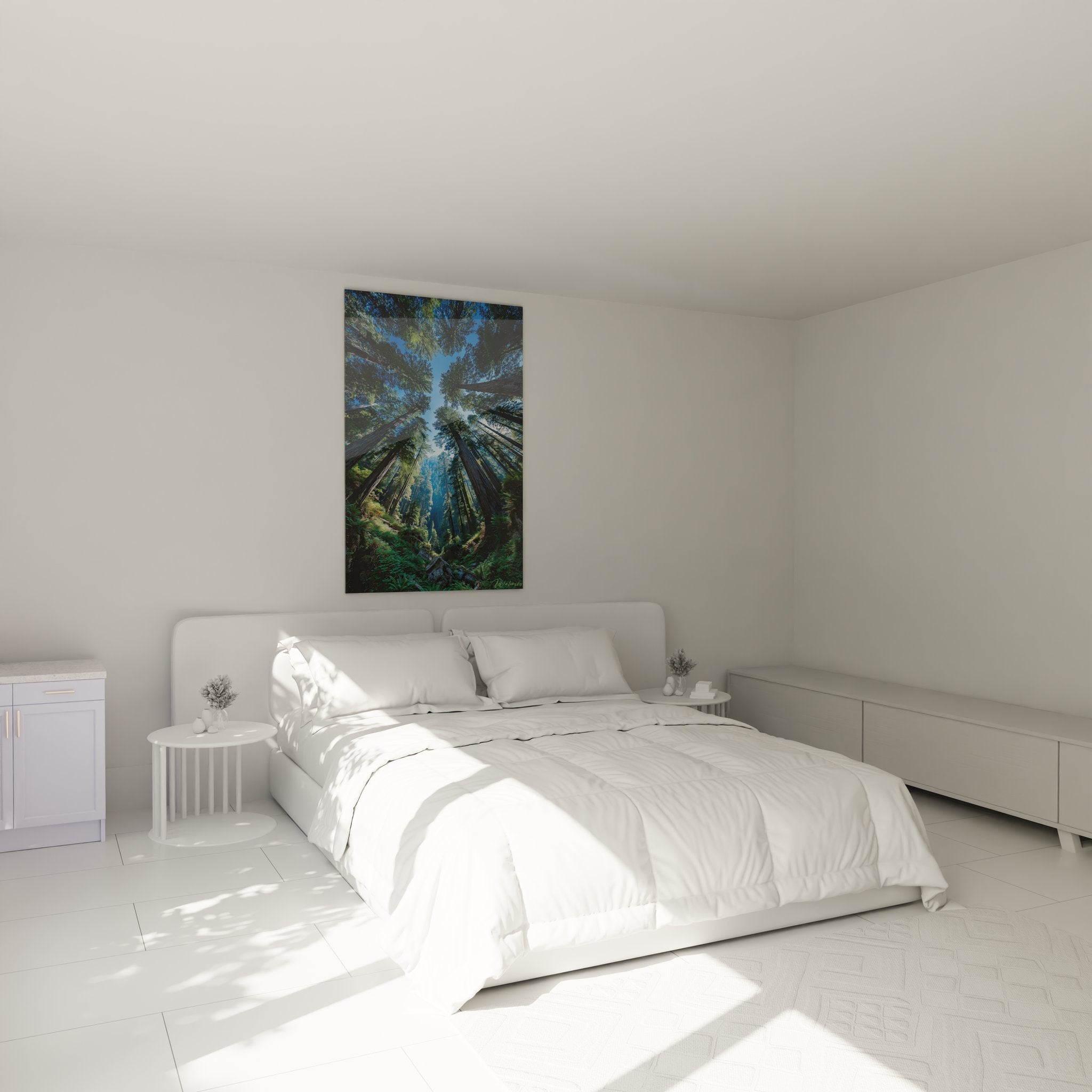 Tableau séquoias géants dans chambre moderne créant ambiance nature apaisante et majestueuse