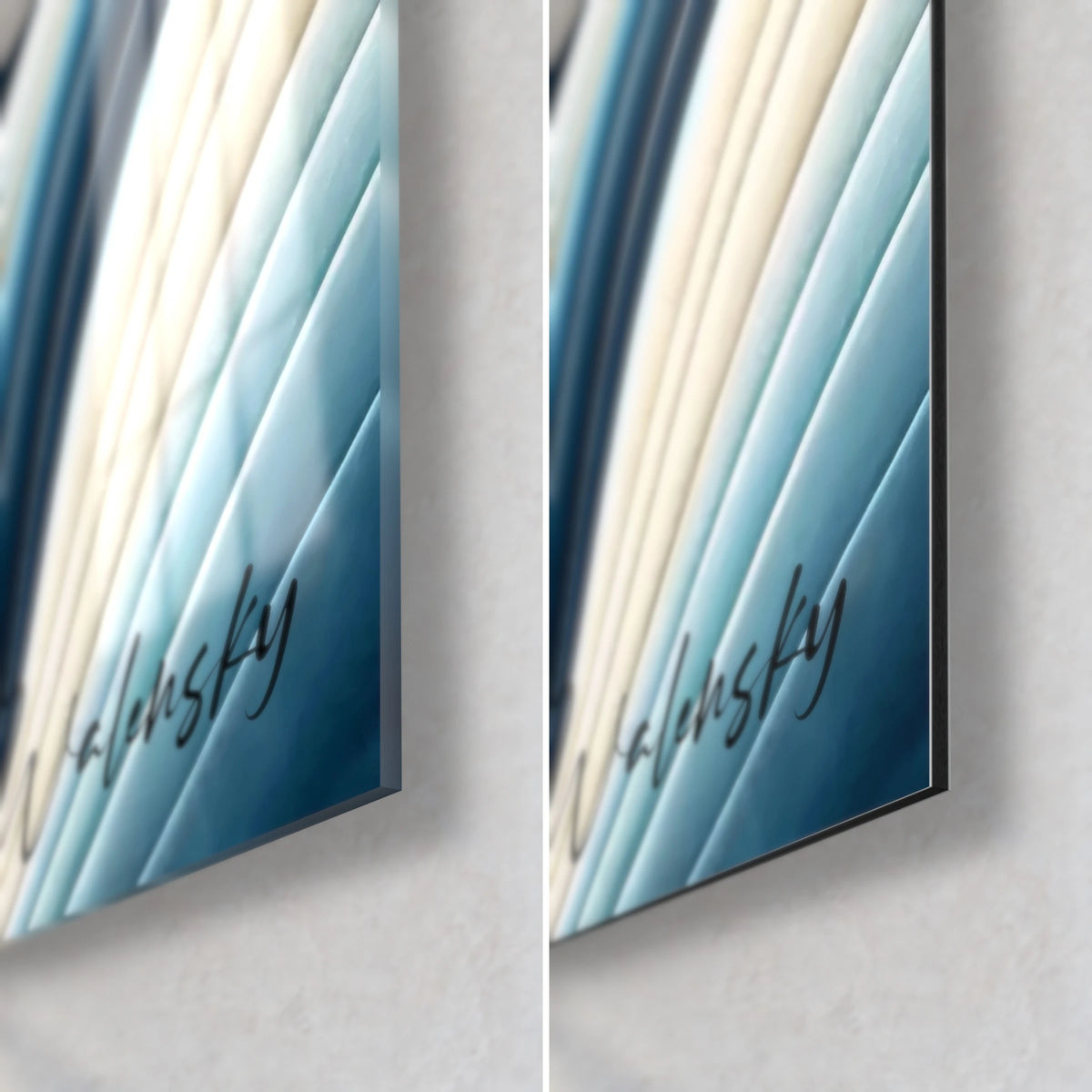 Cuadro orca en olas azul noche, esquina inferior derecha: cristal acrílico brillante que refleja la luz, aluminio Dibond mate, grosor de 3 mm