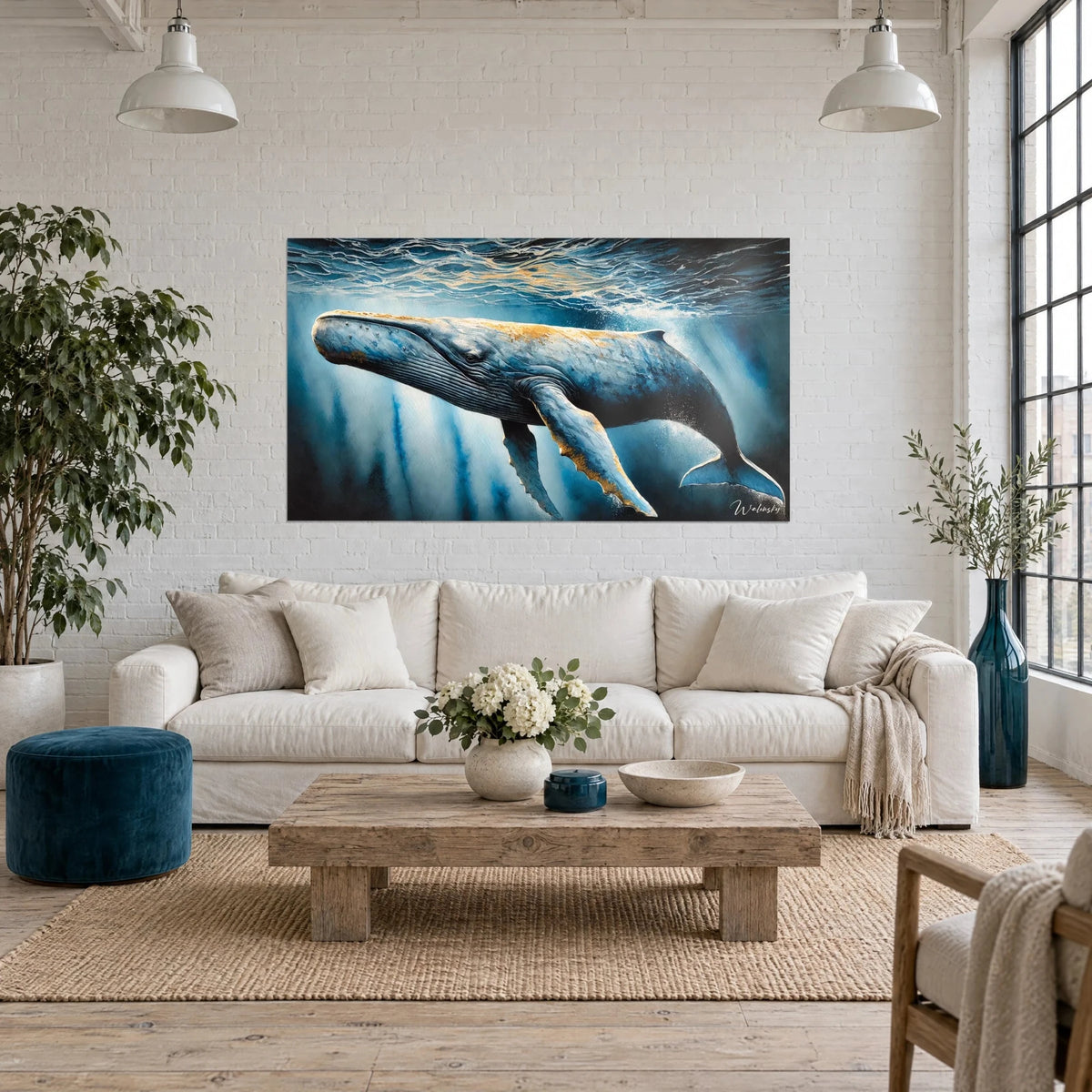 Tableau cachalot bleu nuit aux reflets dorés plongeant sous des vagues d'écume, au-dessus d'un canapé dans un salon lumineux