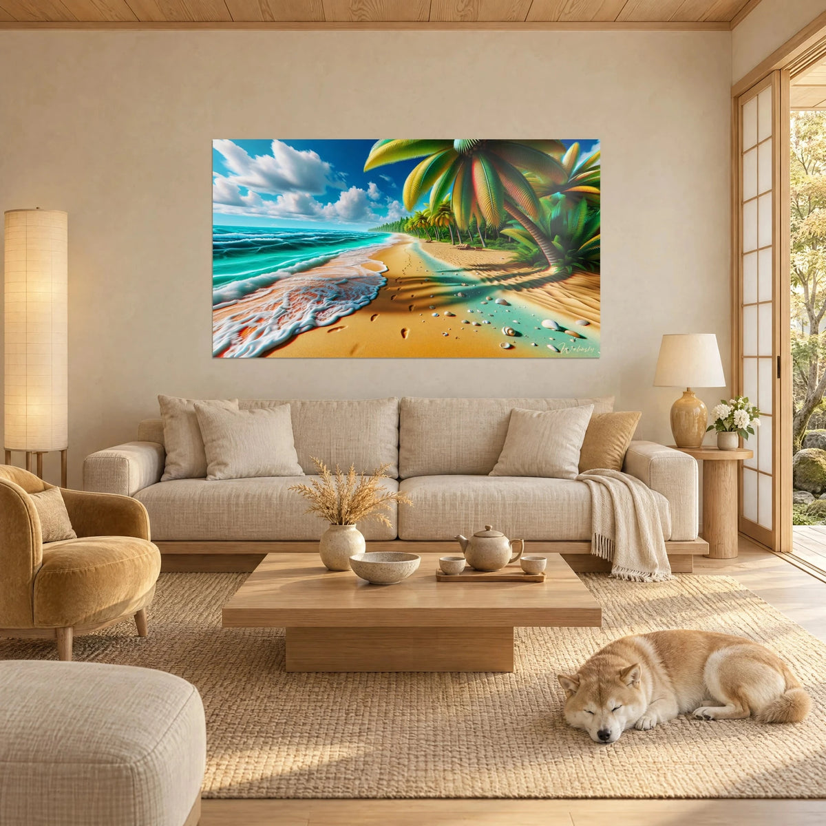 Gemälde tropischer Strand mit goldenen Palmen, türkisfarbenes Meer und ockerfarbener Sand, schlafender Shiba, über einem Sofa in einem hellen Wohnzimmer