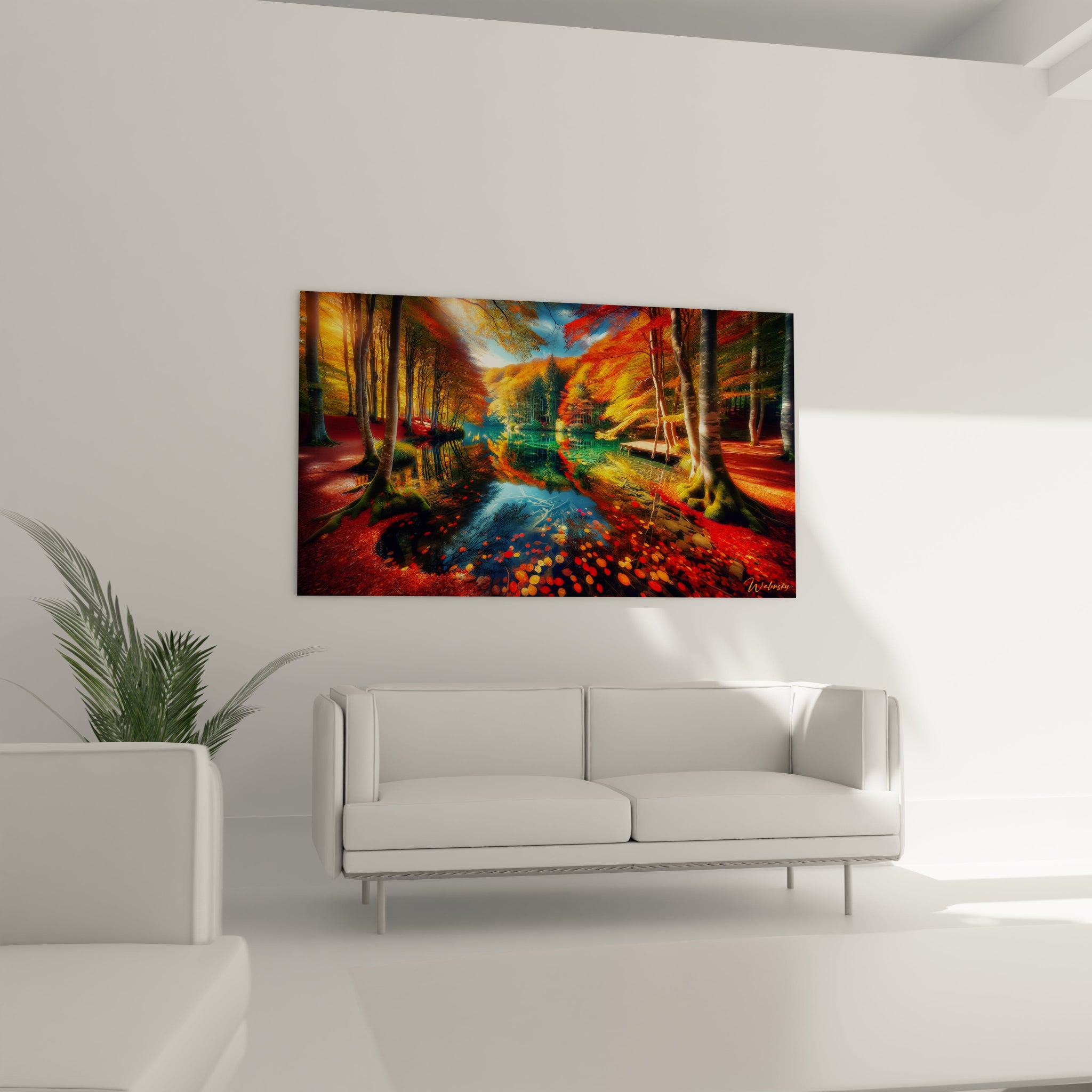 Tableau paysage figurant un étang entouré d’arbres feuillus, sol couvert de feuilles rouges, vert mousse sur les racines, et lumière filtrée sur l’ensemble.

